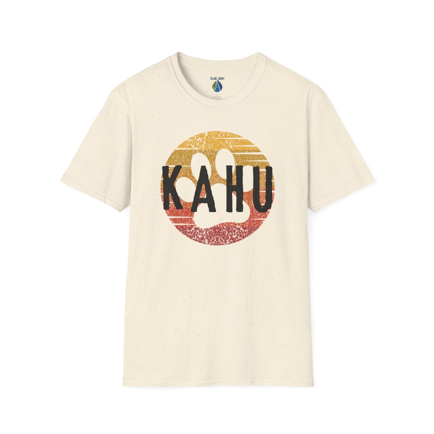 Beige t-shirt with 'KAHU' text and sunset paw print graphic design - Island Drops t-shirt collection | Unisex t-shirts