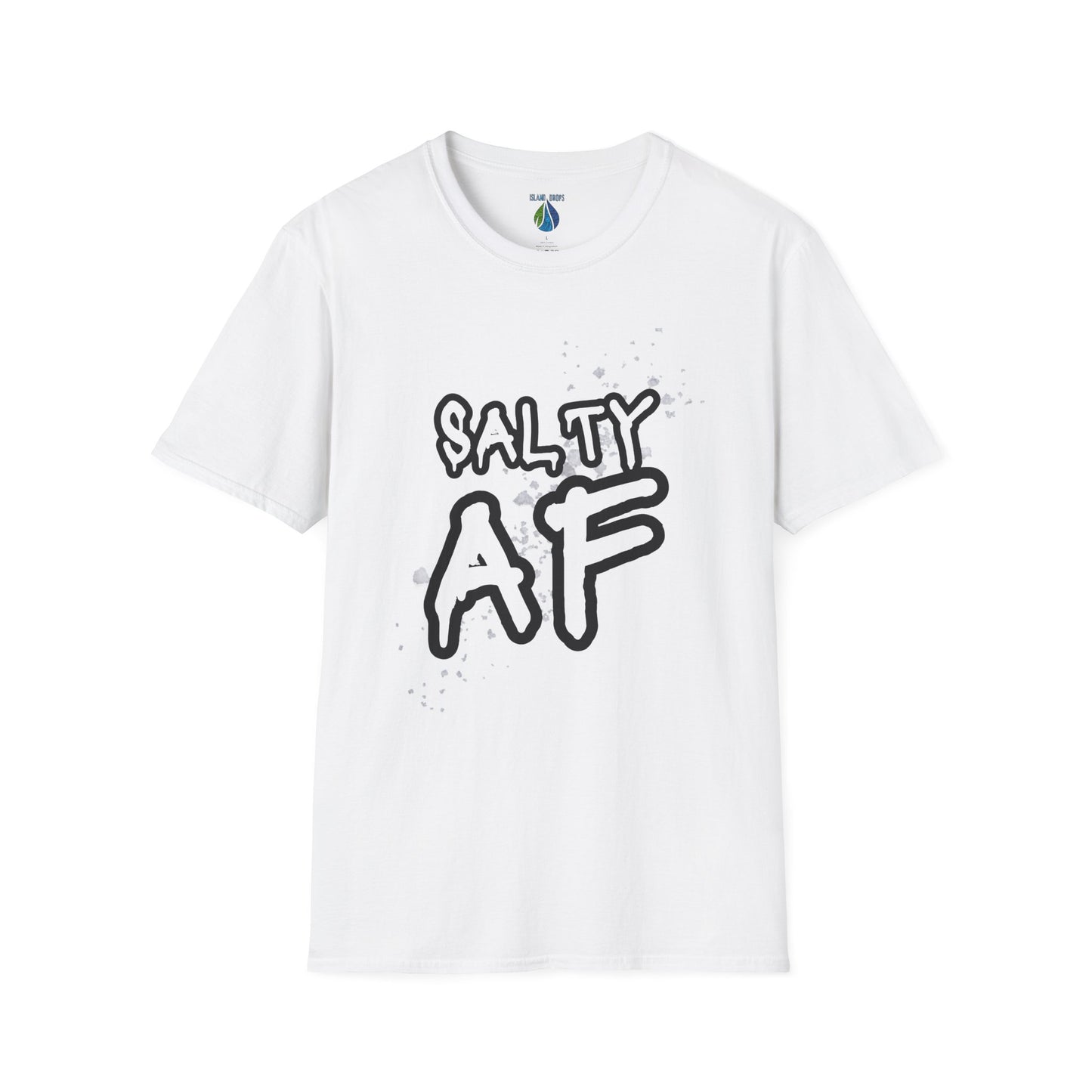 White t-shirt  with 'SALTY AF' text and stylized salt graphic design - Island Drops t-shirt collection | Unisex t-shirts