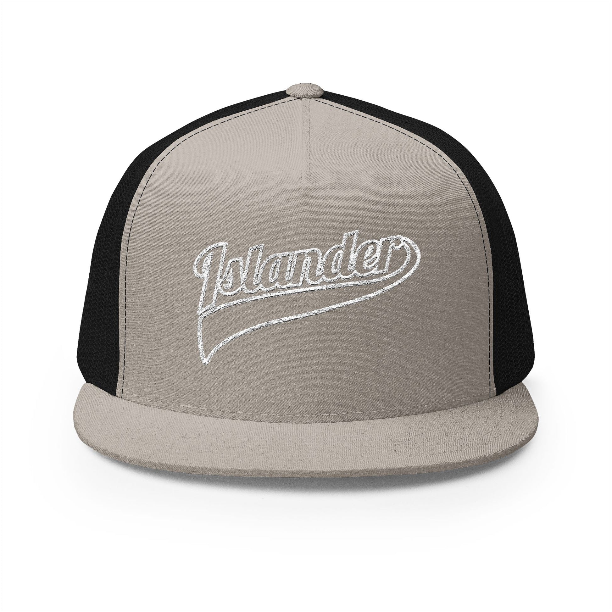 Gray and black cap with 'Islander' logo  - Island Drops hat collection | Unisex trucker hat trucker cap