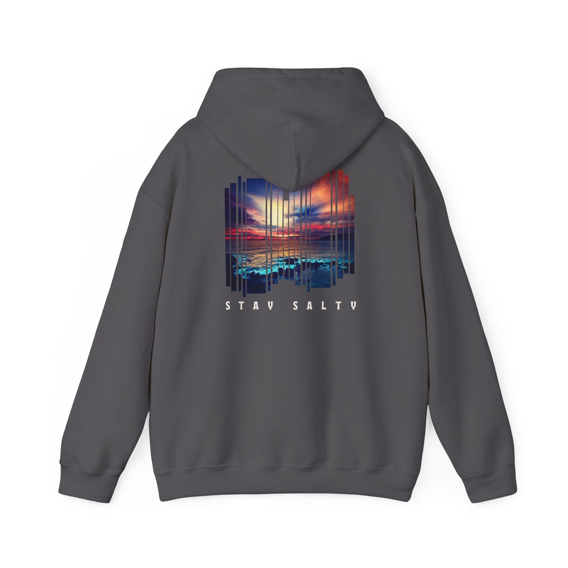 Gray hoodie with a stylized beach sunset graphic and 'STAY SALTY' text on the back - Island Drops hoodie collection | Unisex pullover