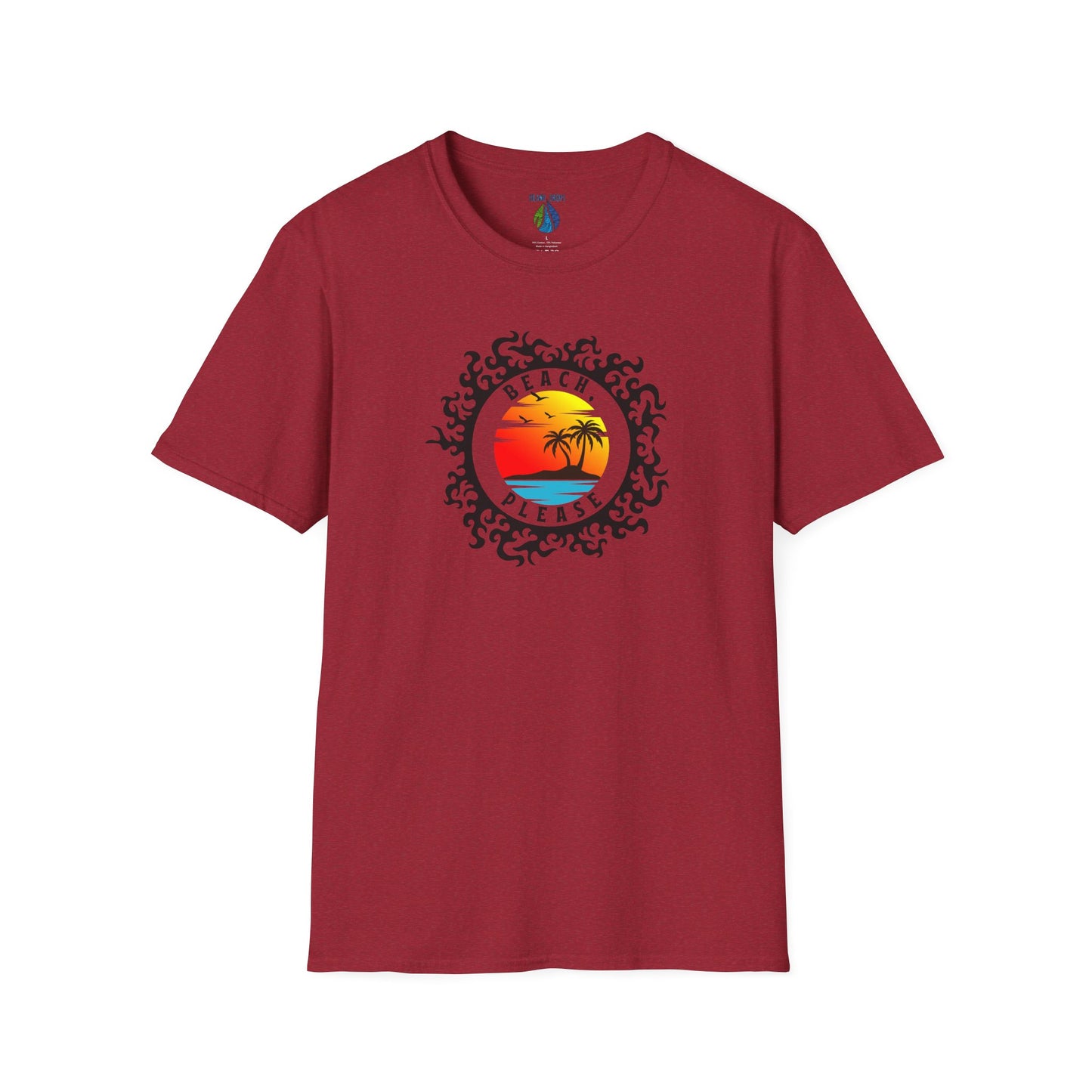 Maroon t-shirt with 'BEACH, PLEASE' text and island sunset graphic design - Island Drops t-shirt collection | Unisex t-shirts