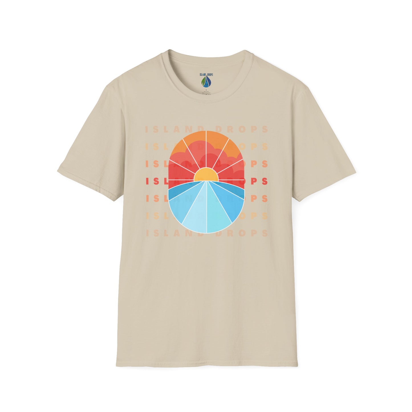 Beige t-shirt  with 'ISLAND DROPS' text behind a graphic sunset - Island Drops t-shirt collection | Unisex t-shirts