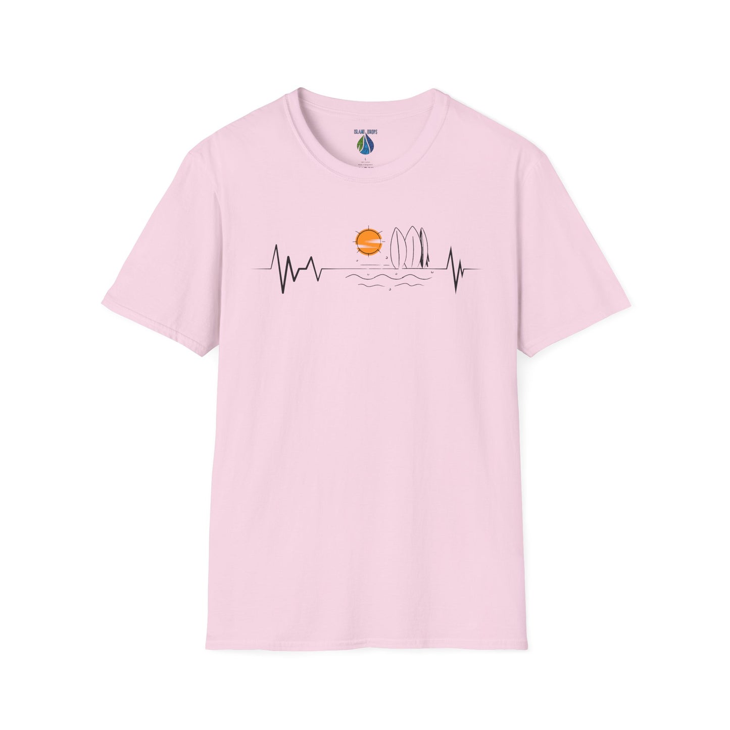 Pink t-shirt with sunset heartbeat graphic design with surfboards and ocean graphics - Island Drops t-shirt collection | Unisex t-shirts