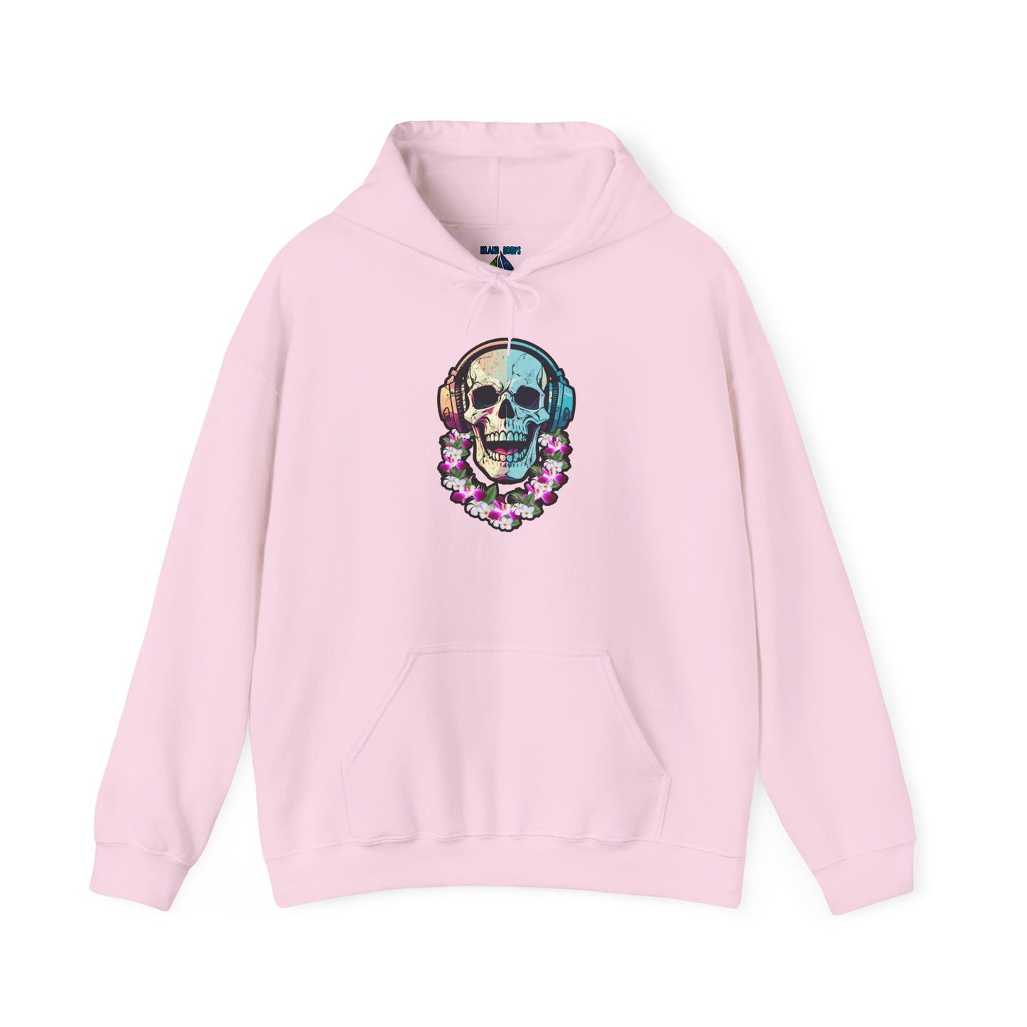 Pink hoodie with a colorful skull DJ with headphones and wearing a lei graphic design  - Island Drops hoodie collection | Unisex pullover