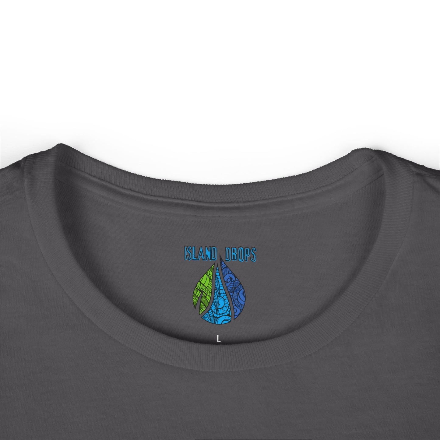 Gray t-shirt with colorful water droplet design and 'Bland Drops' text on a white background