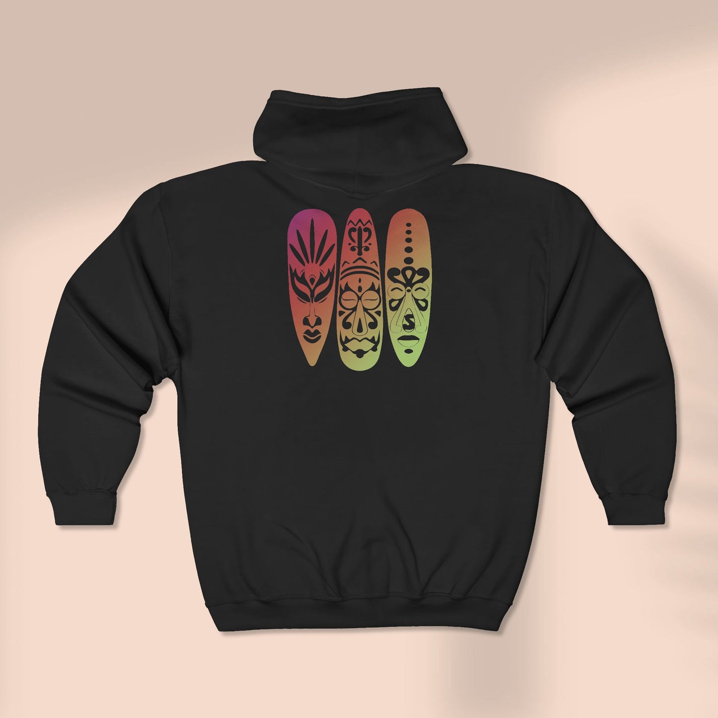 Back of full zip hoodie with tribal mask graphic design - Island Drops hoodie collection | Unisex zipper hoodie