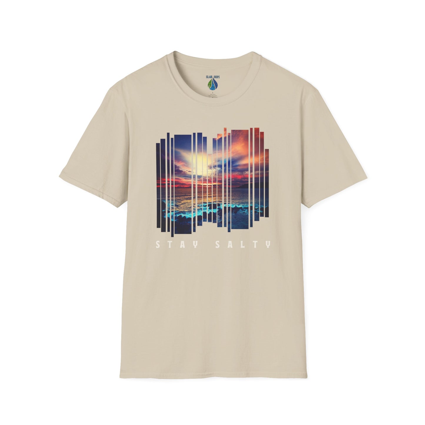 Beige t-shirt  with 'STAY SALTY' text and stylized sunset graphic design - Island Drops t-shirt collection | Unisex t-shirts