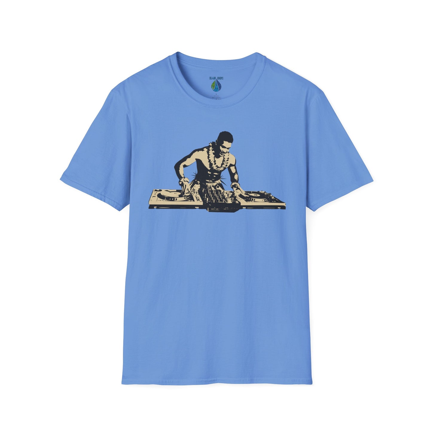 Blue t-shirt with a Hula DJ graphic design  - Island Drops t-shirt collection | Unisex t-shirt
