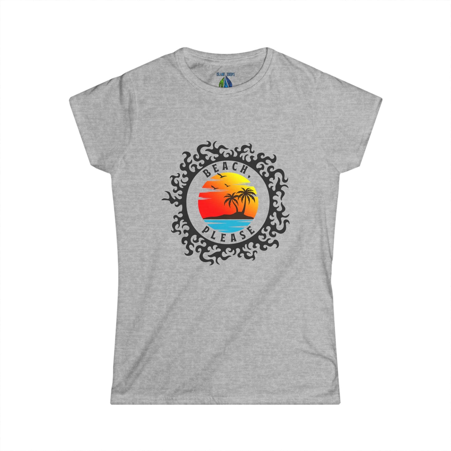Gray women's cut t-shirt with 'Beach, Please' sunset graphic design - Island Drops Women's collection | Women's cut t-shirt
