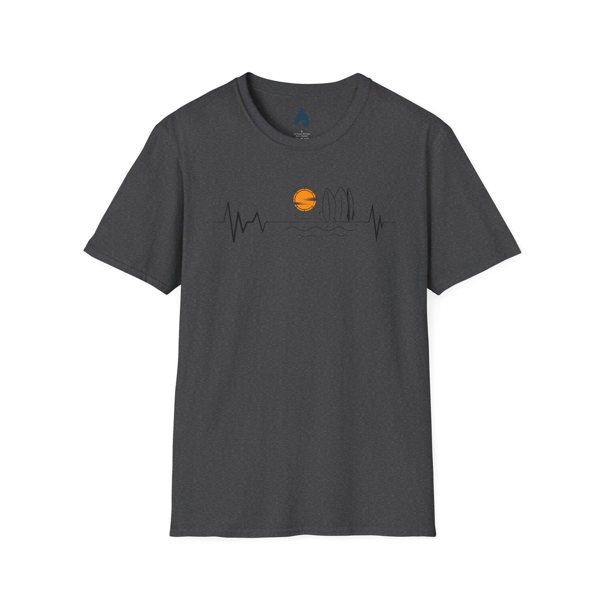 Charcoal T-shirt front with orange sunset, island wave outline and black heartbeat line