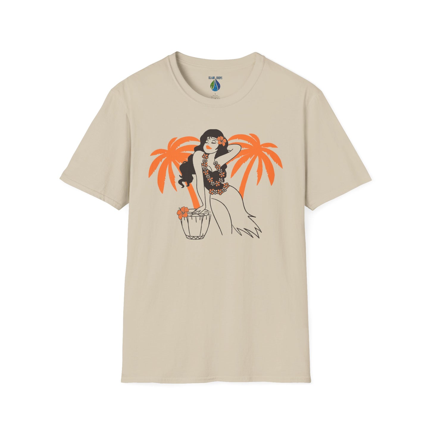 Beige t-shirt with female hula dancer and palm trees graphic design - Island Drops t-shirt collection | Unisex t-shirts