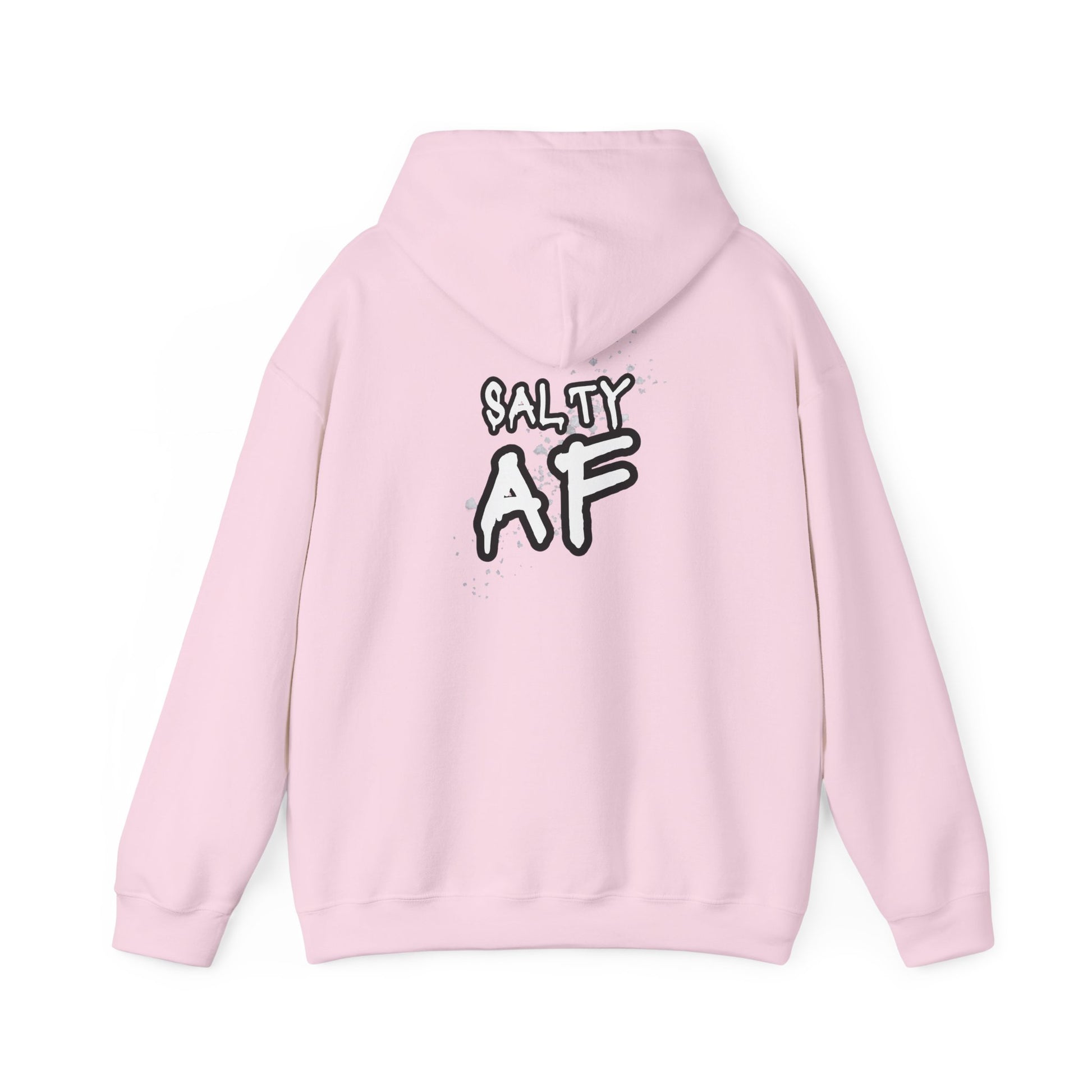 Back of pink hoodie with 'SALTY AF' text graphic design - Island Drops hoodie collection | Unisex pullover