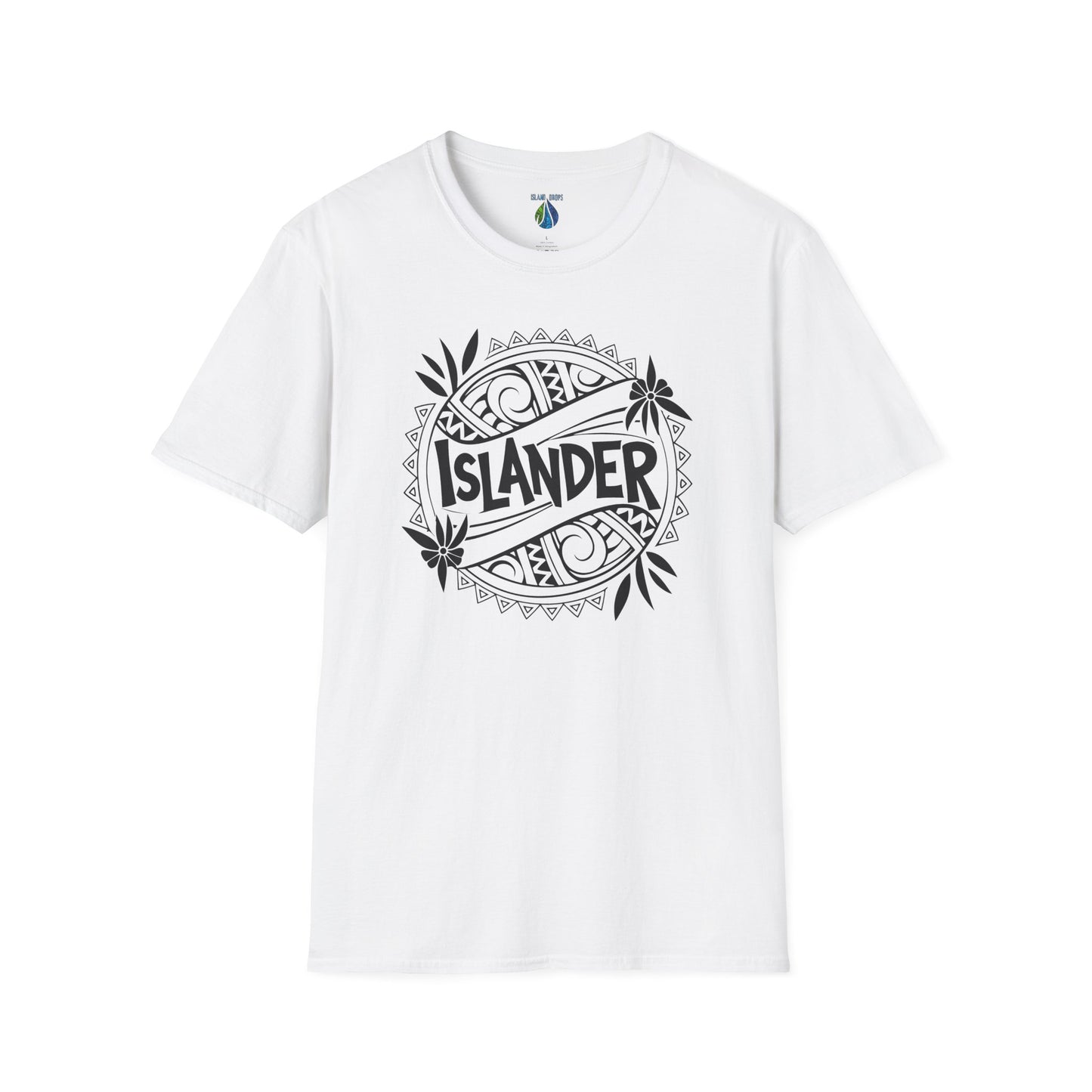 White t-shirt with 'ISLANDER' tribal graphic design - Island Drops T-shirt collection | Unisex t-shirt