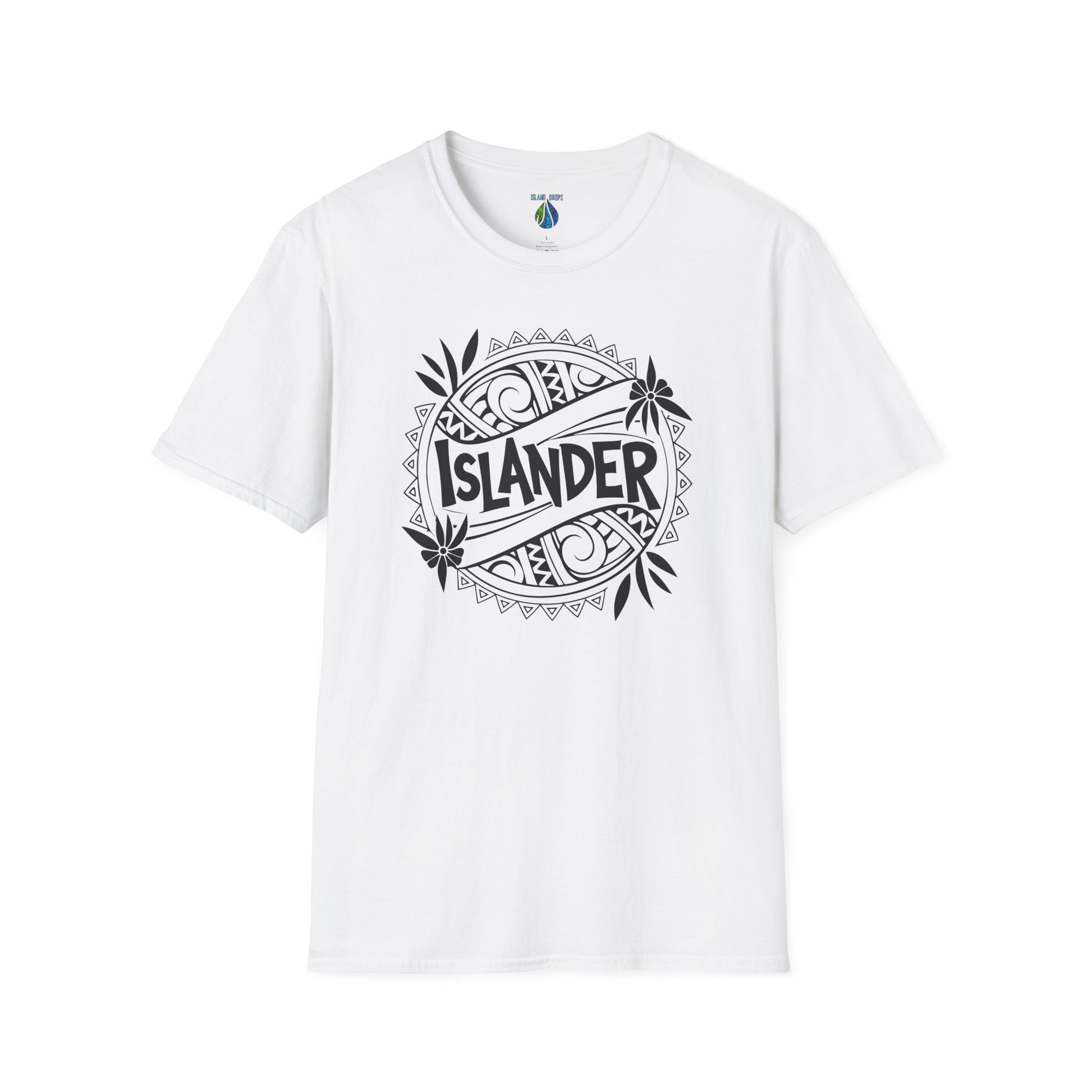 White t-shirt with 'ISLANDER' tribal graphic design - Island Drops T-shirt collection | Unisex t-shirt
