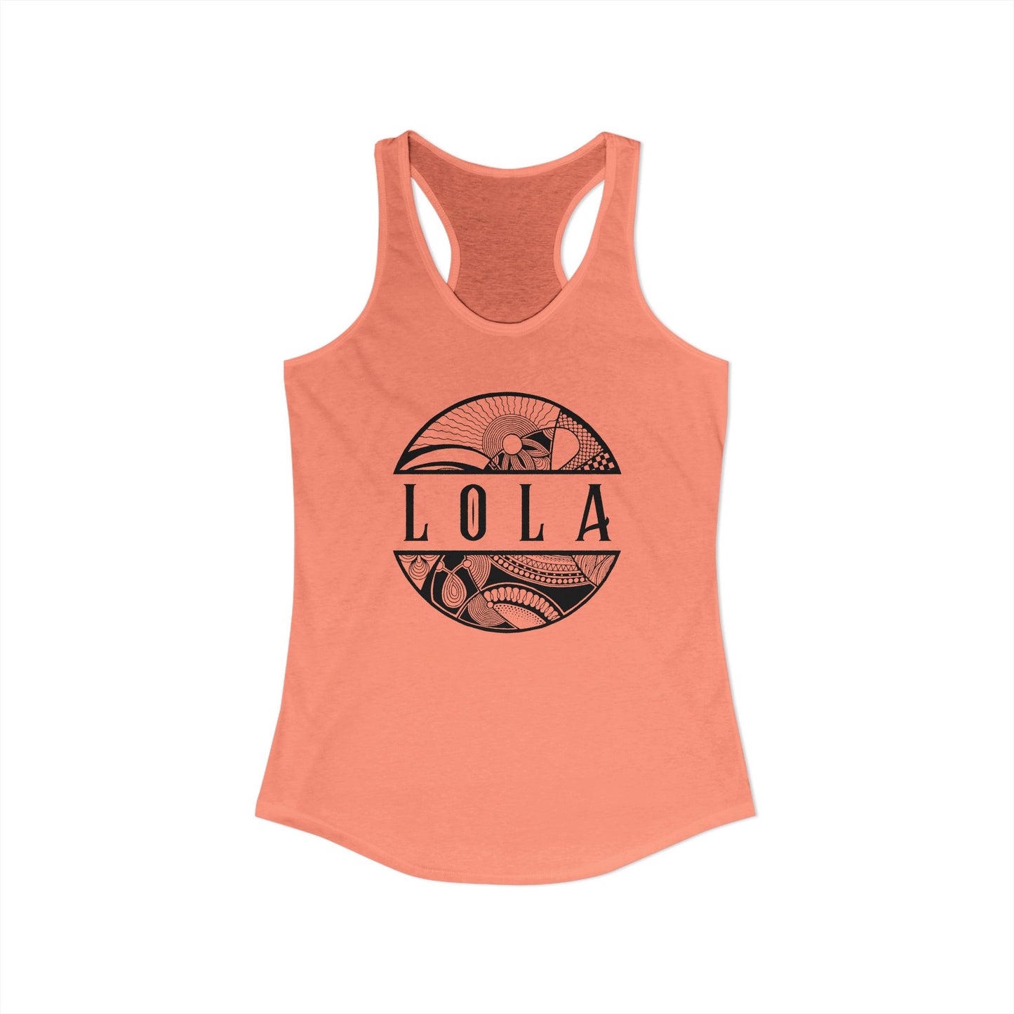 Coral tank top with 'LOLA', meaning grandma, graphic design - Island Drops tank tops collection | Women's racer back tank