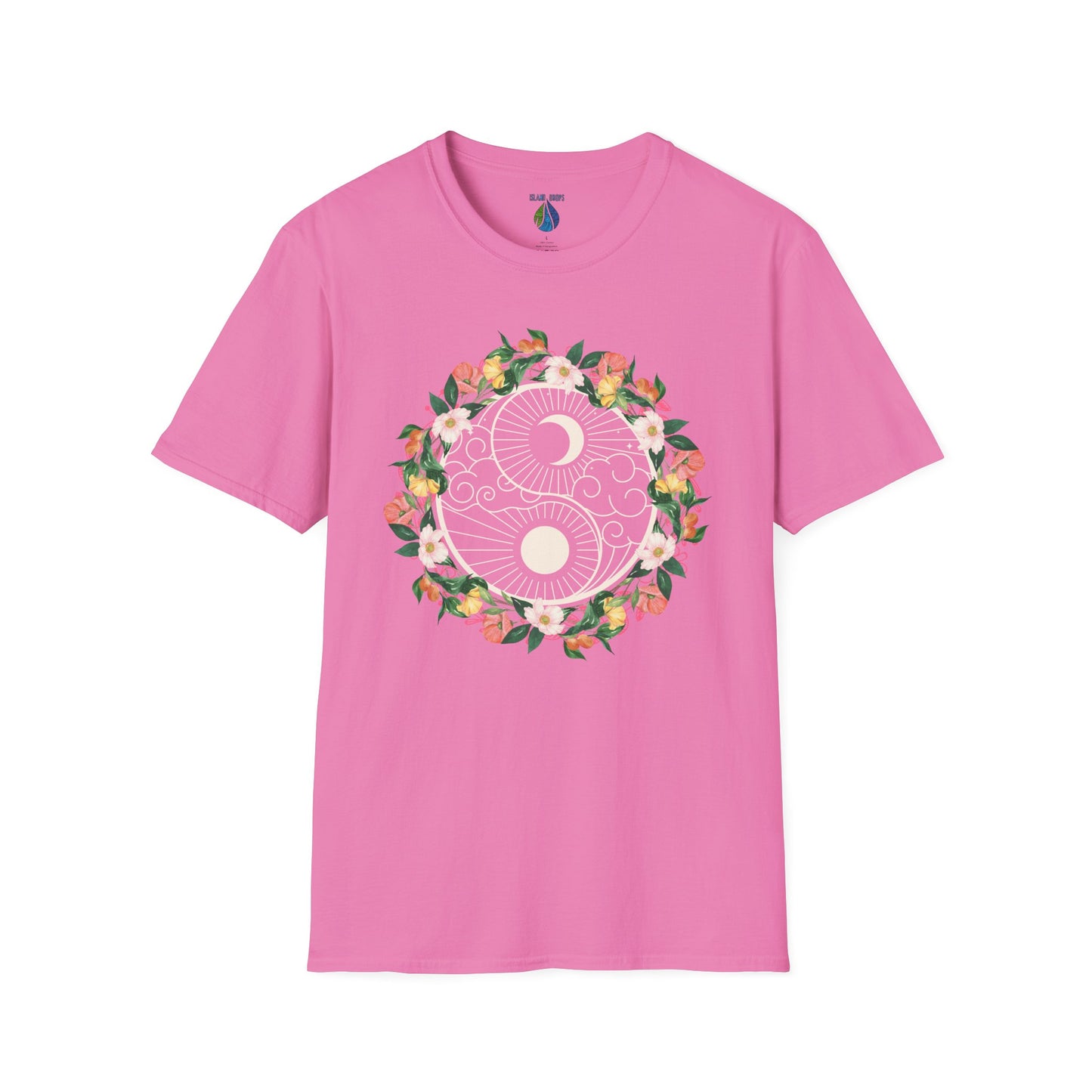 Pink t-shirt with a floral yin yang design - Island Drops t-shirt collection | Unisex t-shirts