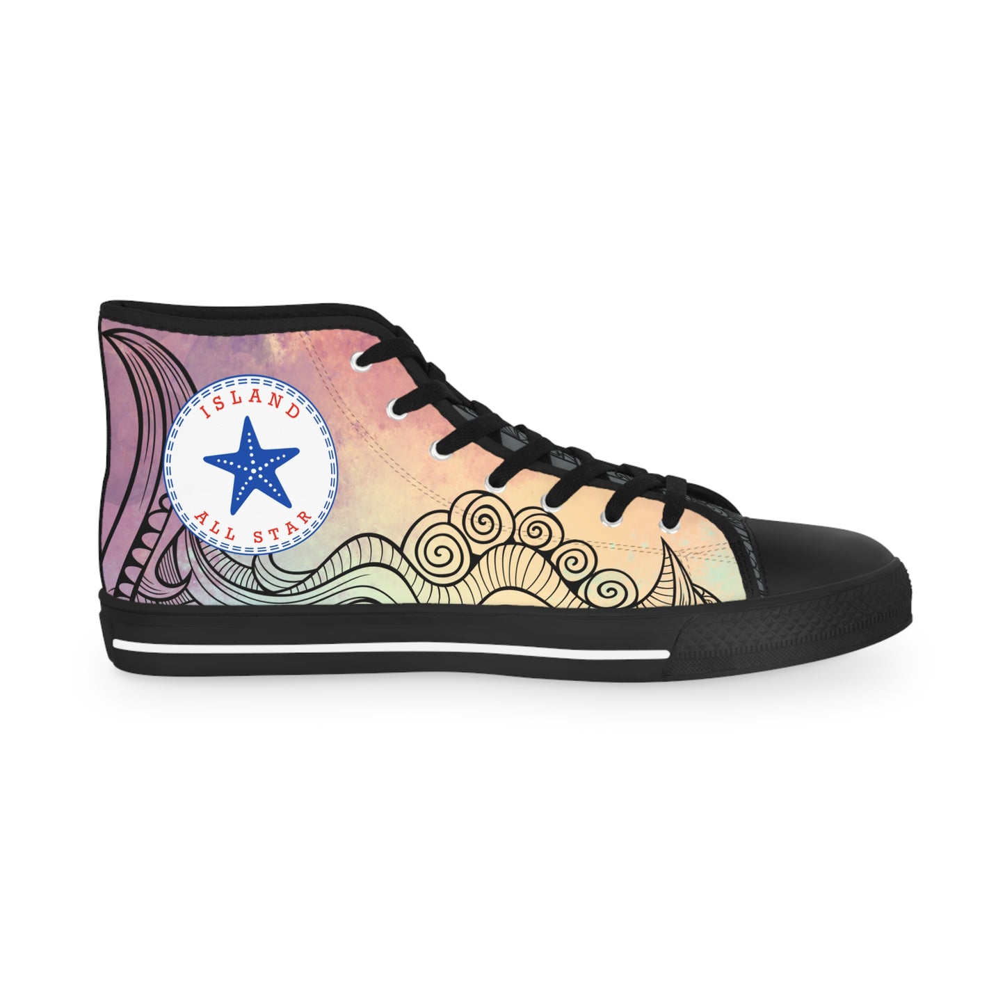 Red, orange, yellow colorful high-top sneakers with tribal tattoo graphic design, black soles - Island Drops shoes collection | Unisex High top shoes