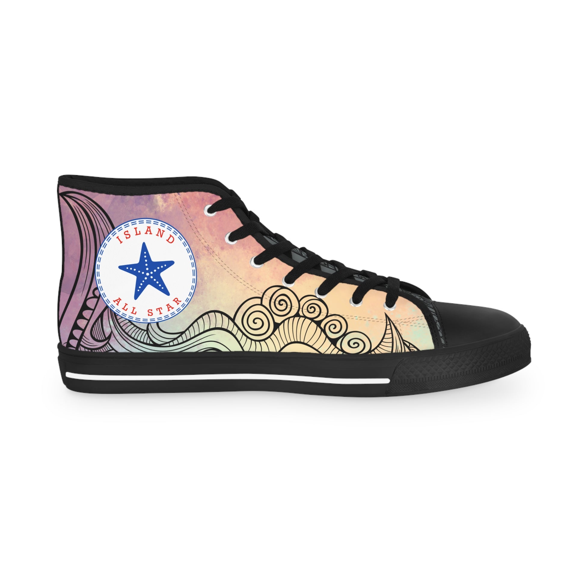 Red, orange, yellow colorful high-top sneakers with tribal tattoo graphic design, black soles - Island Drops shoes collection | Unisex High top shoes