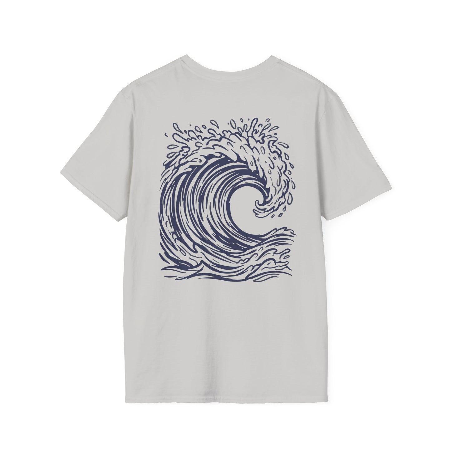 Wave Drop Tee back print in Ice Gray color— big wave graphic Hawaiian streetwear design