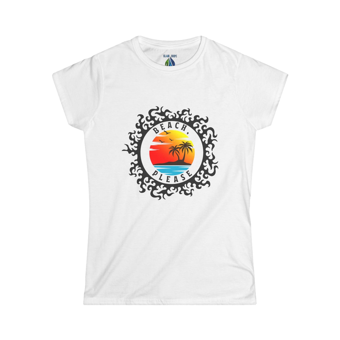 White women's cut t-shirt with 'Beach, Please' sunset graphic design - Island Drops Women's collection | Women's cut t-shirt