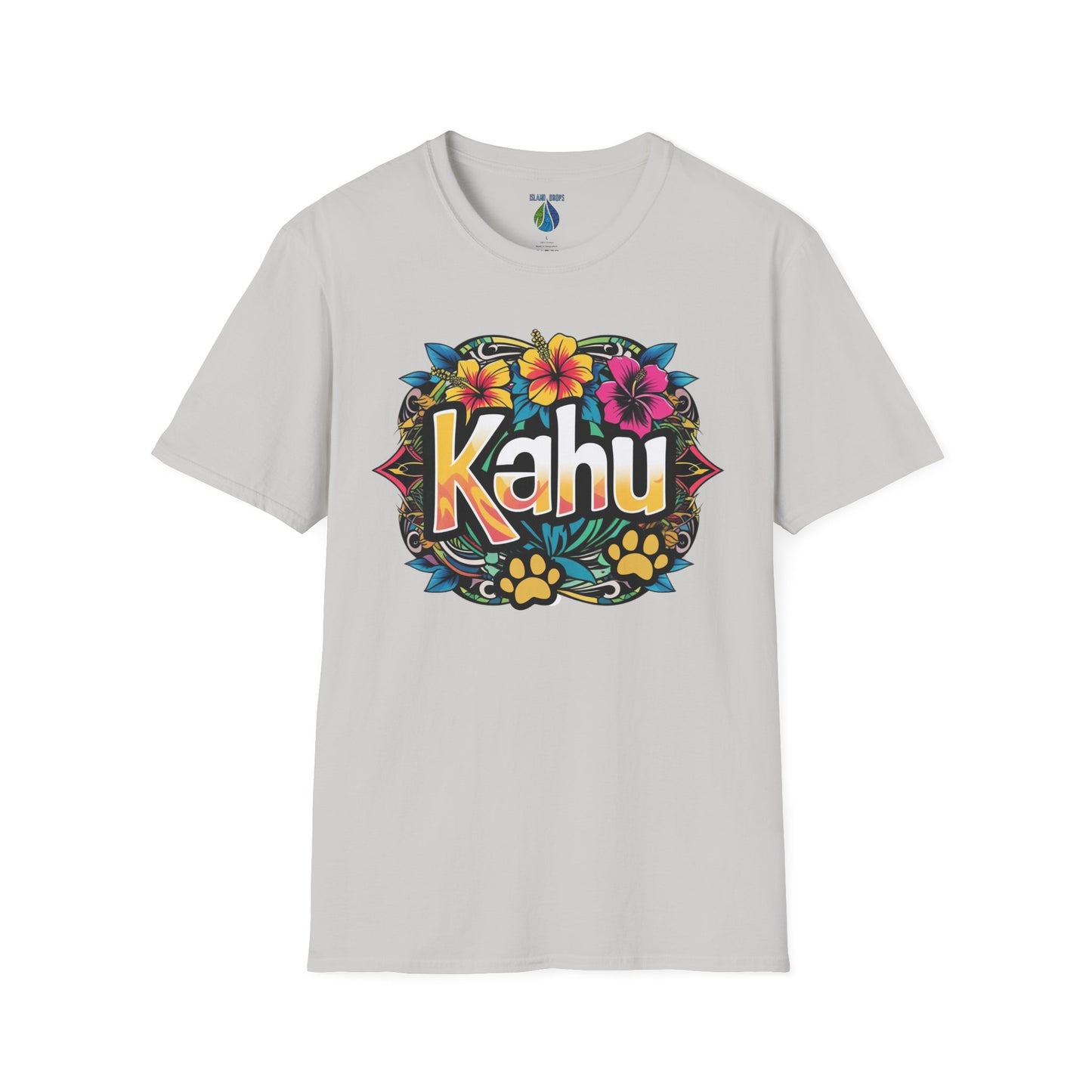 Gray t-shirt with colorful  'Kahu' graphic design with flowers and paw prints  - Island Drops t-shirt collection | Unisex t-shirt