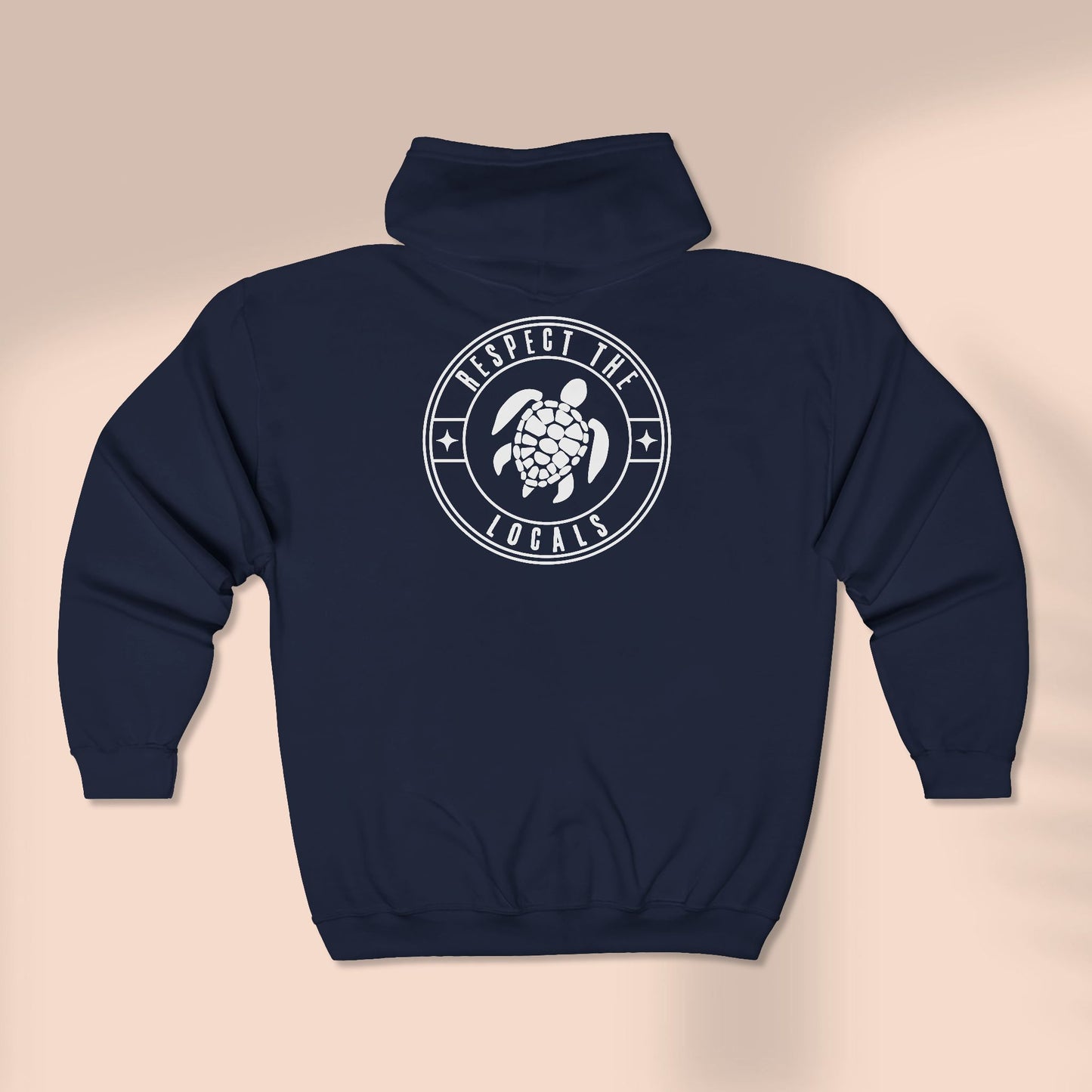 Back of full zip hoodie with a stylized watercolor turtle graphic design with 'RESPECT THE LOCALS' text - Island Drops hoodie collection | Unisex zipper hoodie