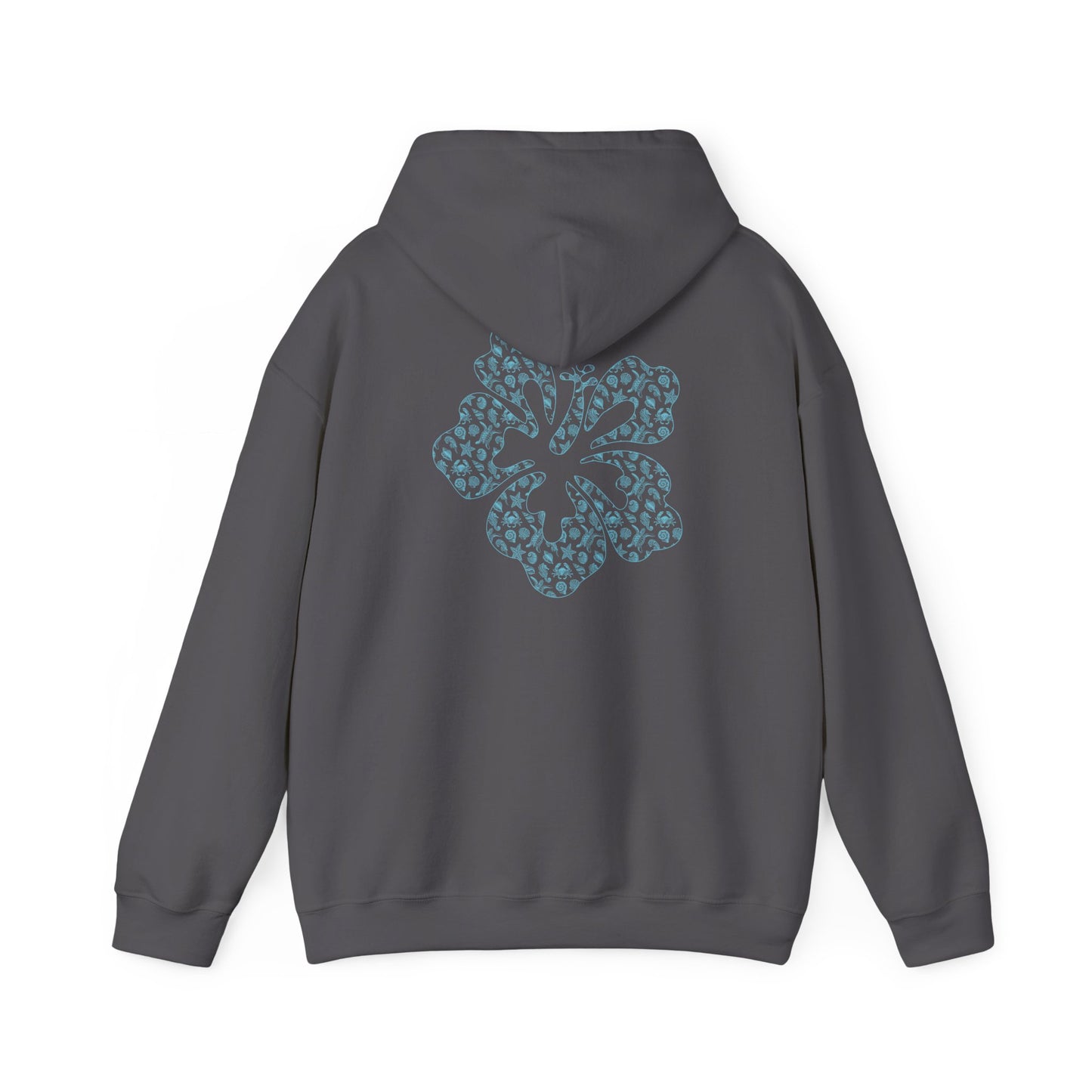 Gray hoodie with a blue hibiscus graphic design on the back - Island Drops hoodie collection | Unisex pullover