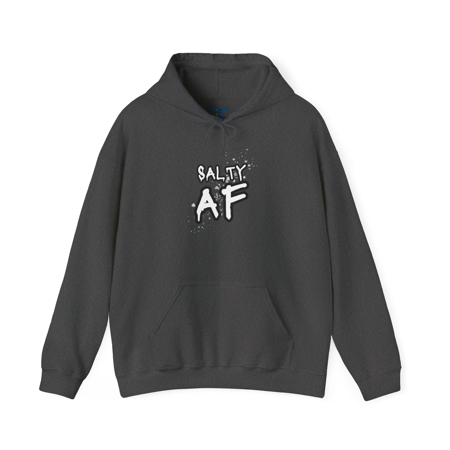 Gray hoodie with 'SALTY AF' text graphic design - Island Drops hoodie collection | Unisex pullover