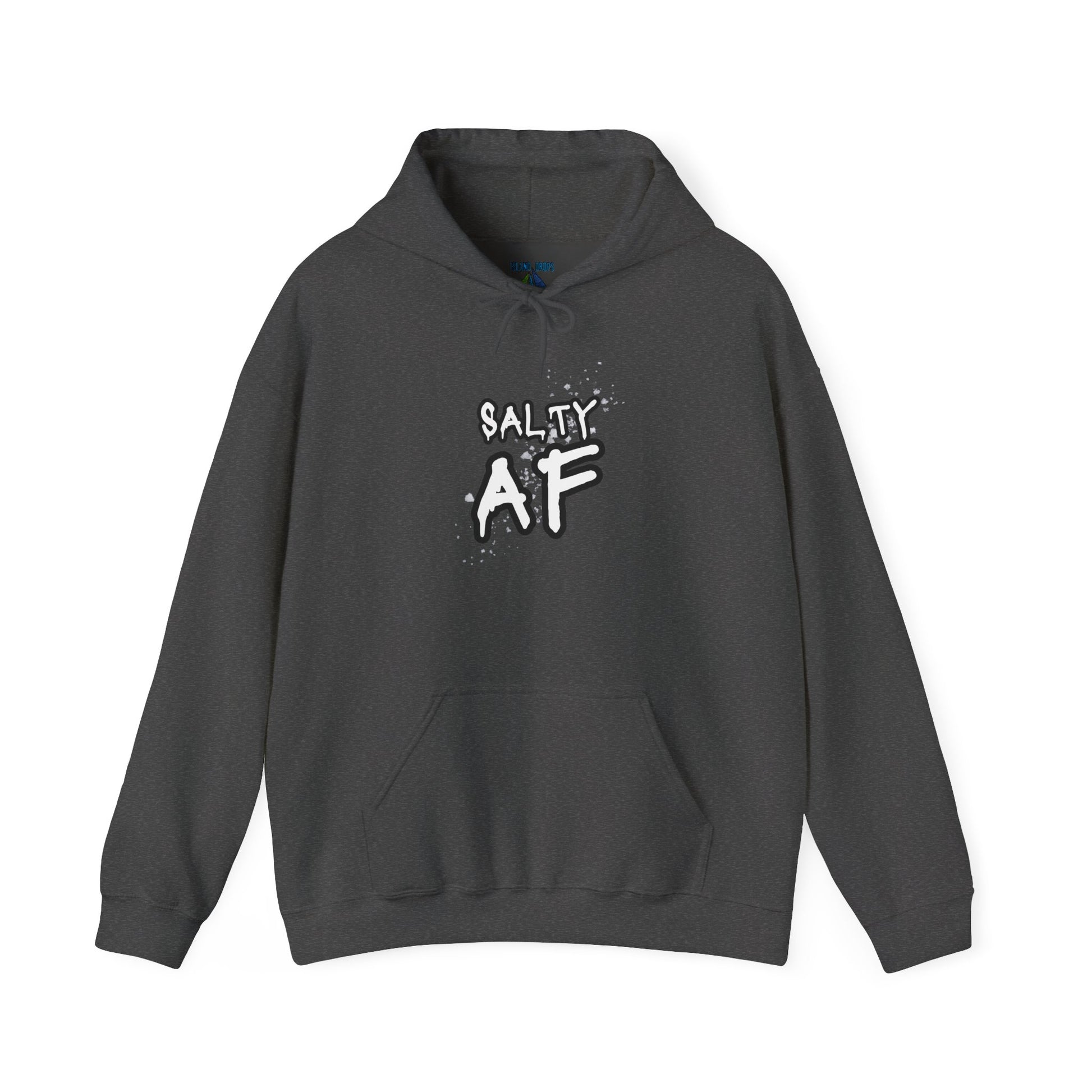 Gray hoodie with 'SALTY AF' text graphic design - Island Drops hoodie collection | Unisex pullover