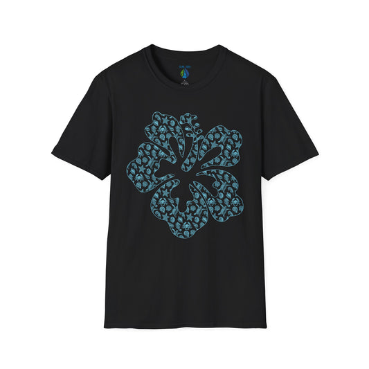 Black t-shirt with a stylized hibiscus graphic design - Island Drops t-shirt collection | Unisex t-shirt