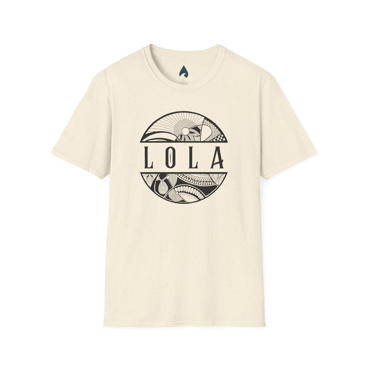 Natural T-shirt front with black Lola lettering and tribal island circle graphic