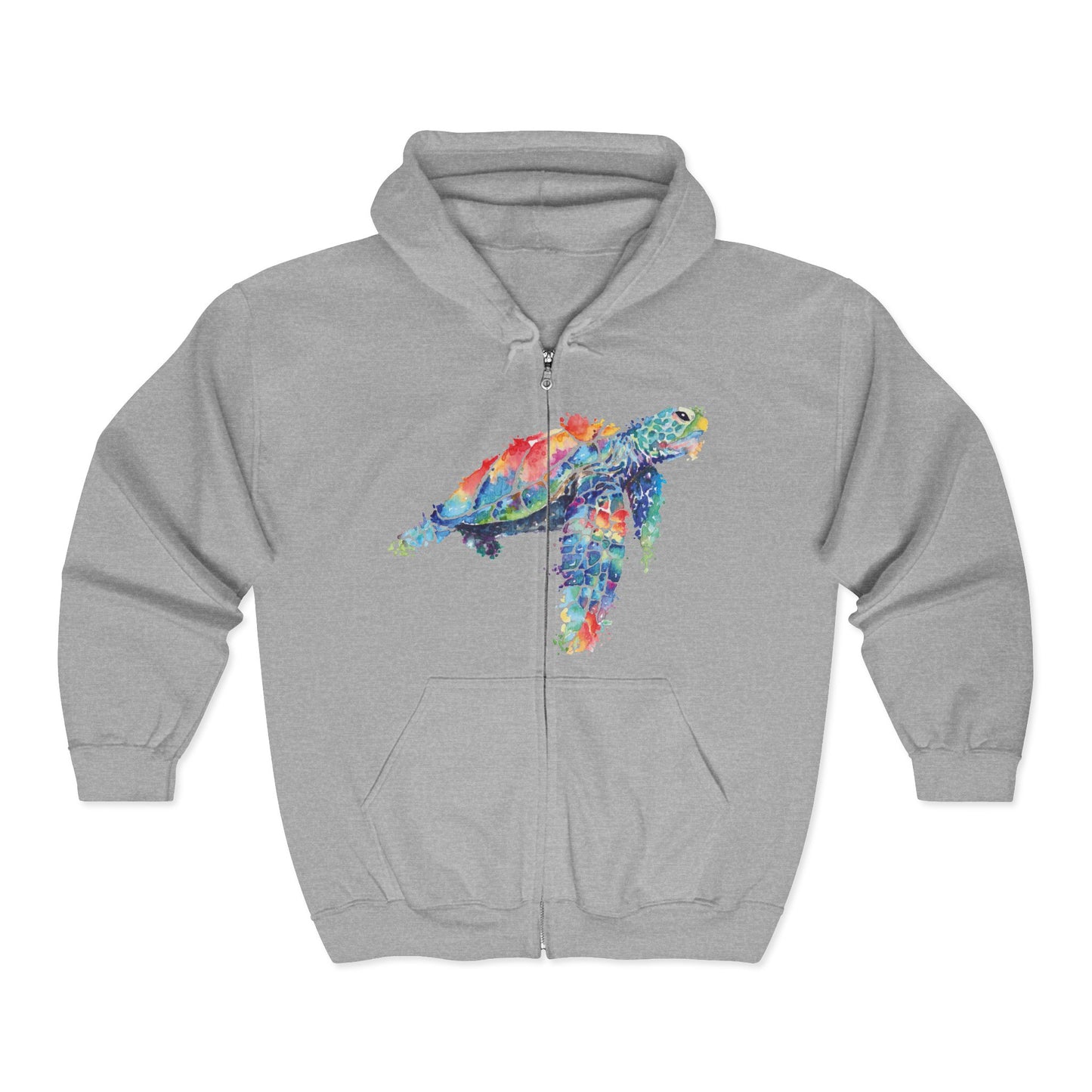 Gray full zip hoodie with a stylized watercolor turtle graphic design - Island Drops hoodie collection | Unisex zipper hoodie