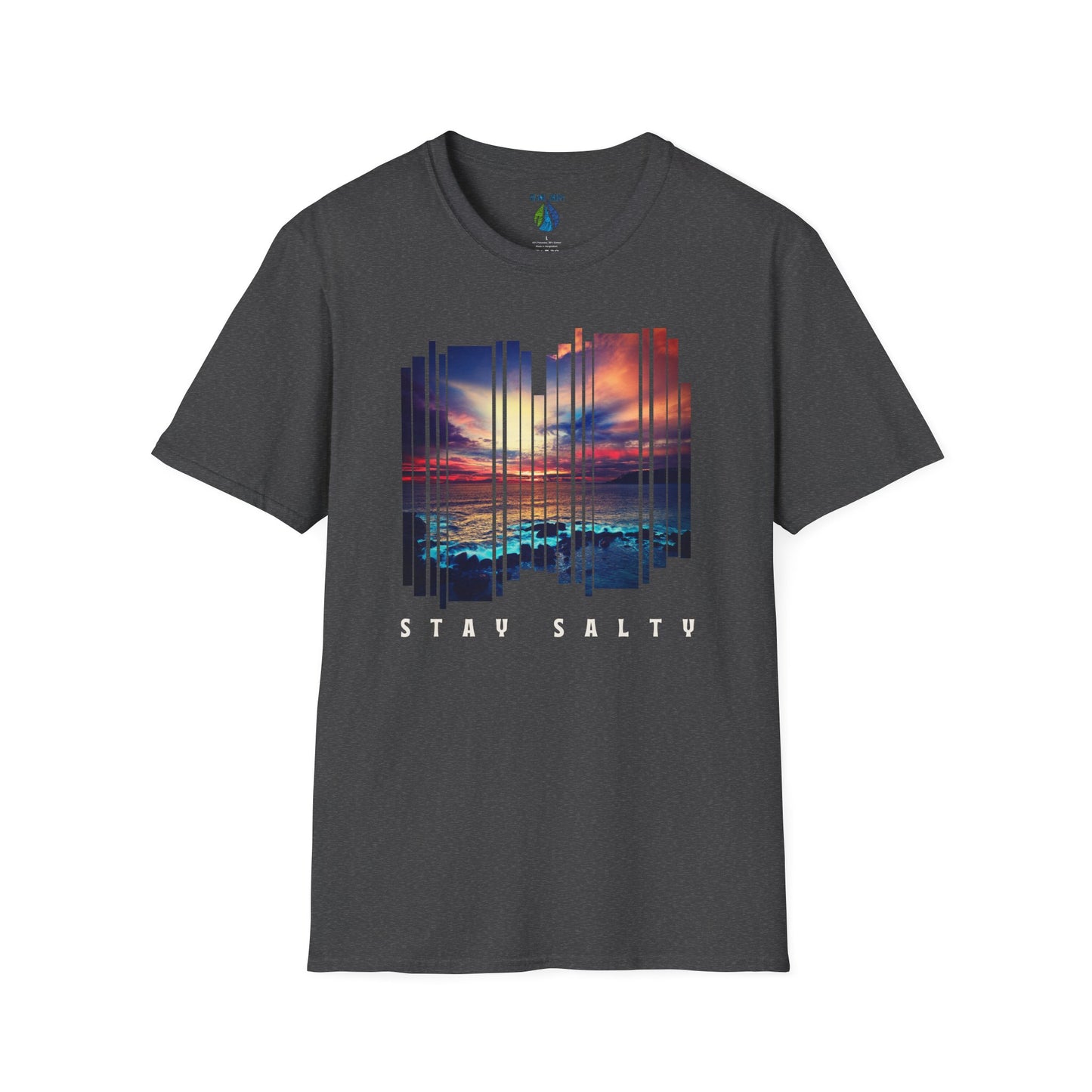 Gray t-shirt  with 'STAY SALTY' text and stylized sunset graphic design - Island Drops t-shirt collection | Unisex t-shirts
