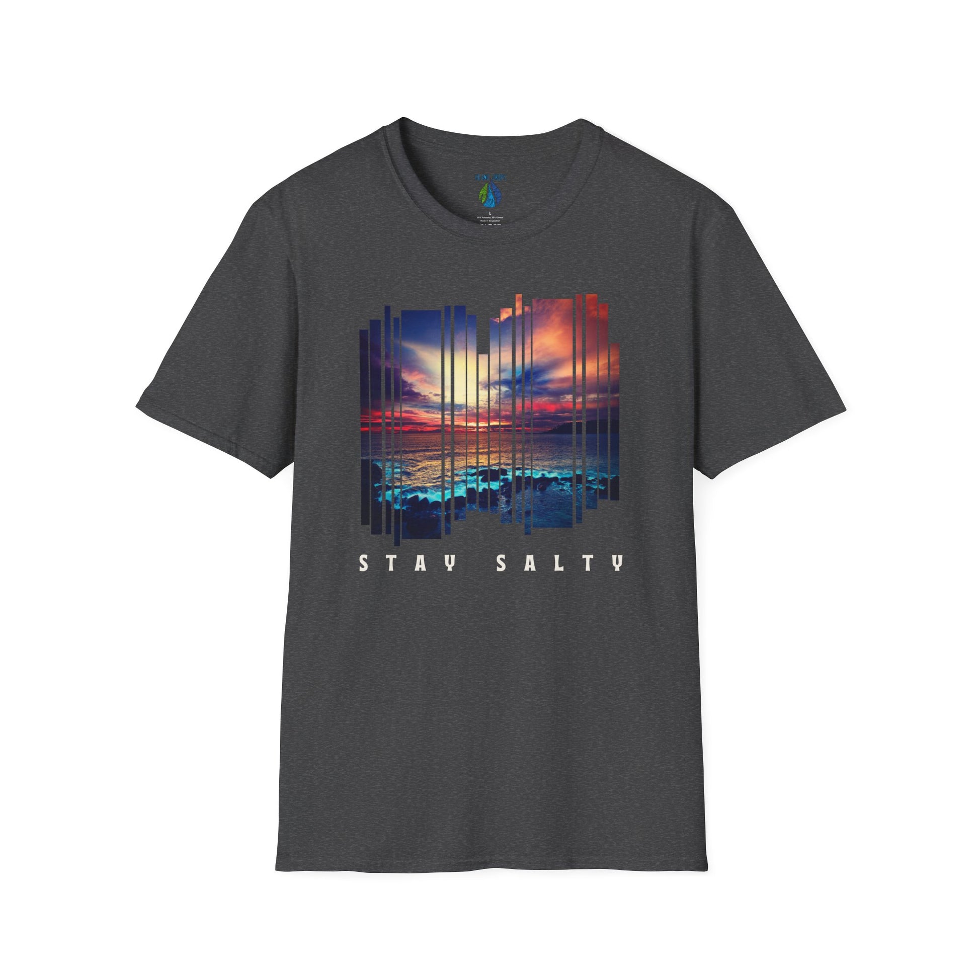 Gray t-shirt  with 'STAY SALTY' text and stylized sunset graphic design - Island Drops t-shirt collection | Unisex t-shirts