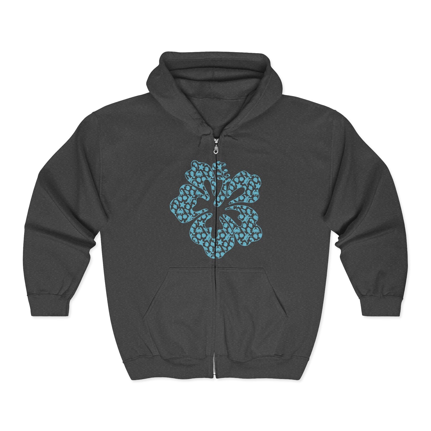 Gray full zip hoodie with a stylized hibiscus graphic design - Island Drops hoodie collection | Unisex zipper hoodie