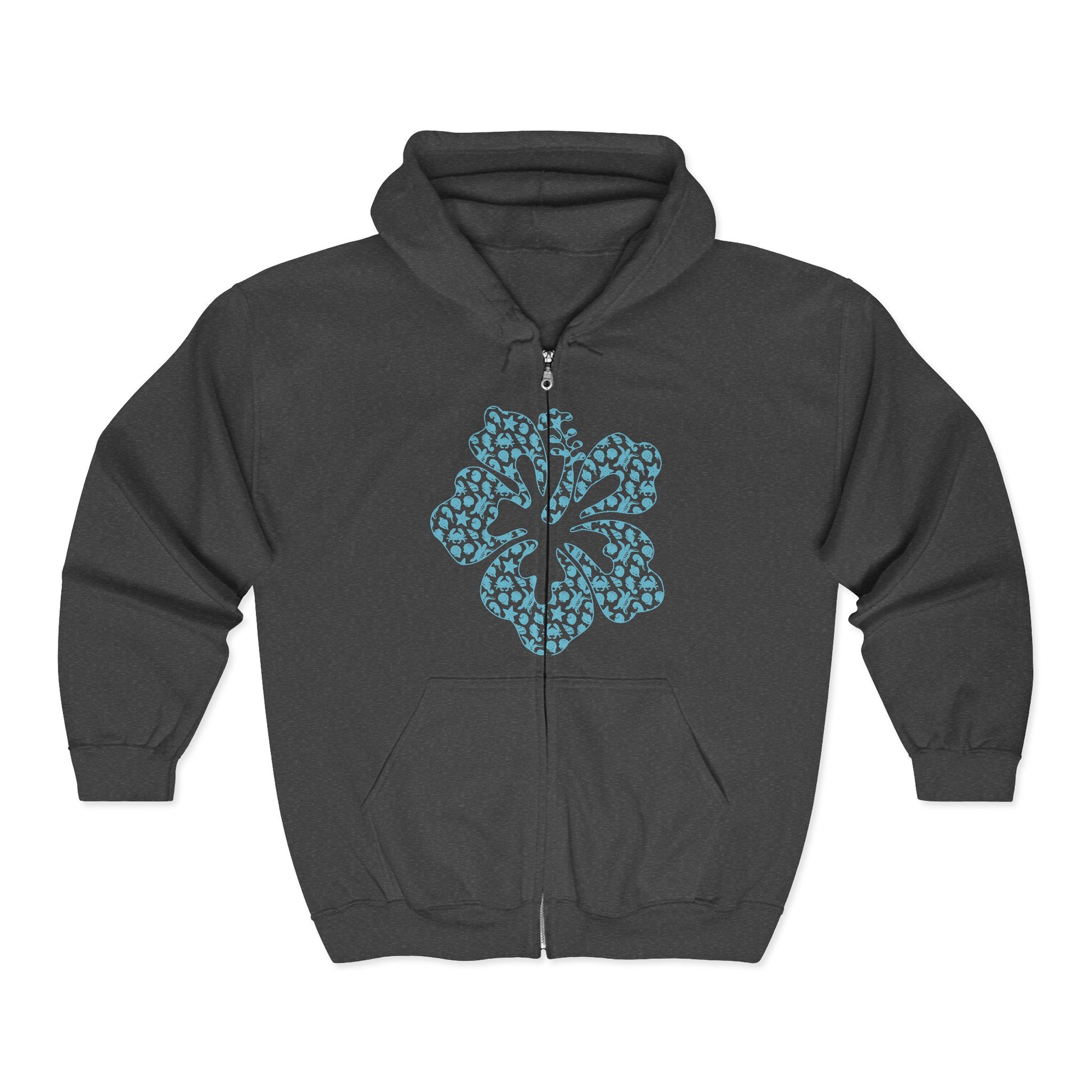 Gray full zip hoodie with a stylized hibiscus graphic design - Island Drops hoodie collection | Unisex zipper hoodie