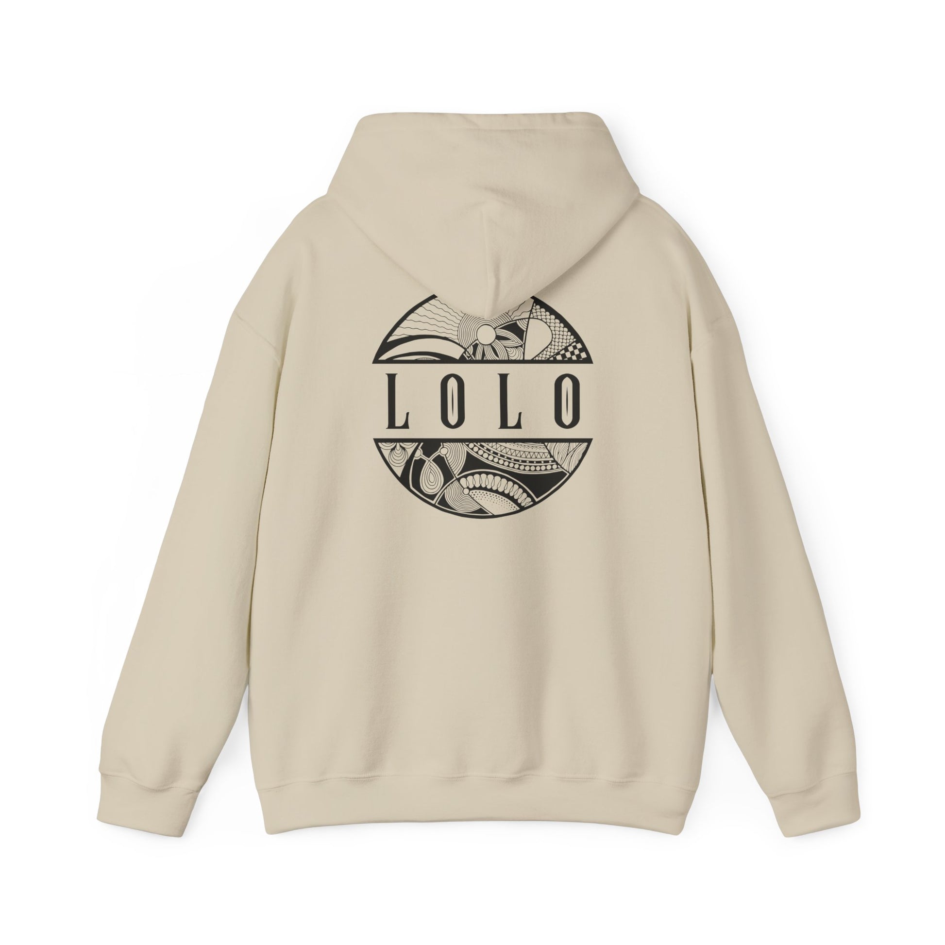 Beige hoodie with 'LOLO', meaning grandpa in filipino, graphic design on the back - Island Drops hoodie collection | Unisex pullover