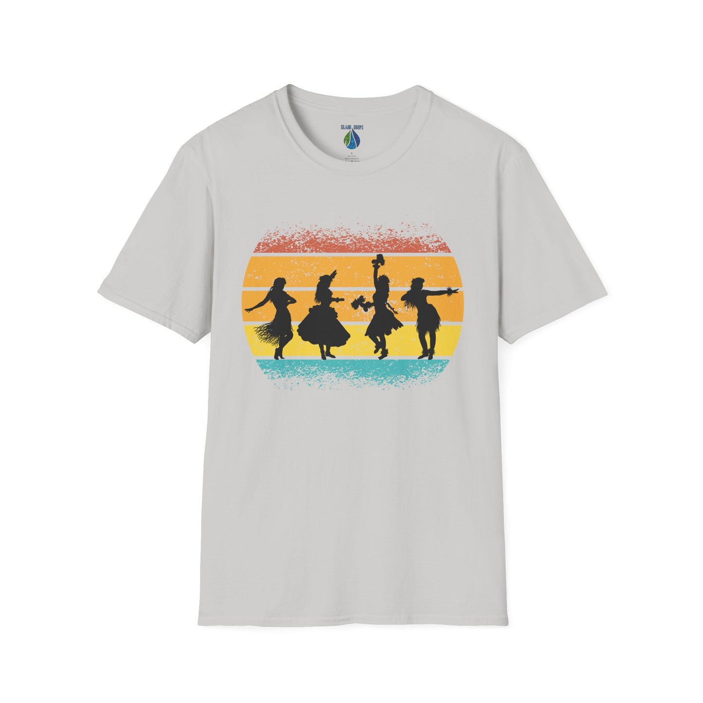 Gray t-shirt with a graphic design of female hula dancers against a sunset background - Island Drops t-shirt collection | Unisex t-shirt