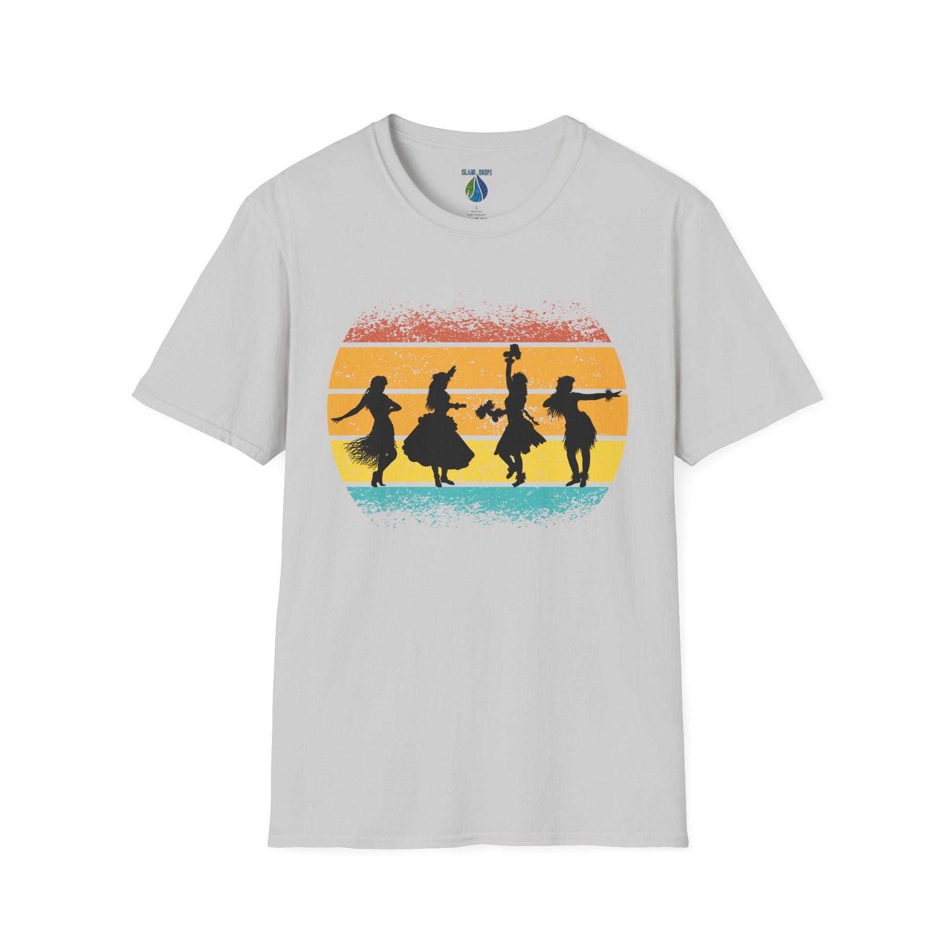 Gray t-shirt with a graphic design of female hula dancers against a sunset background - Island Drops t-shirt collection | Unisex t-shirt