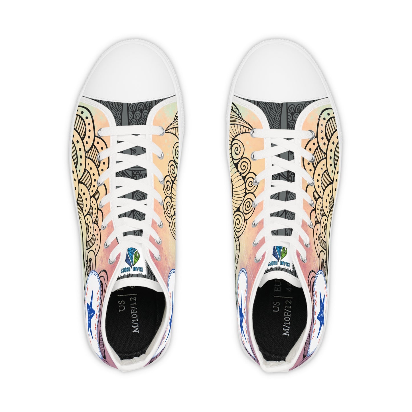 Red, orange, yellow colorful high-top sneakers with tribal tattoo graphic design, white soles - Island Drops shoes collection | Unisex High top shoes