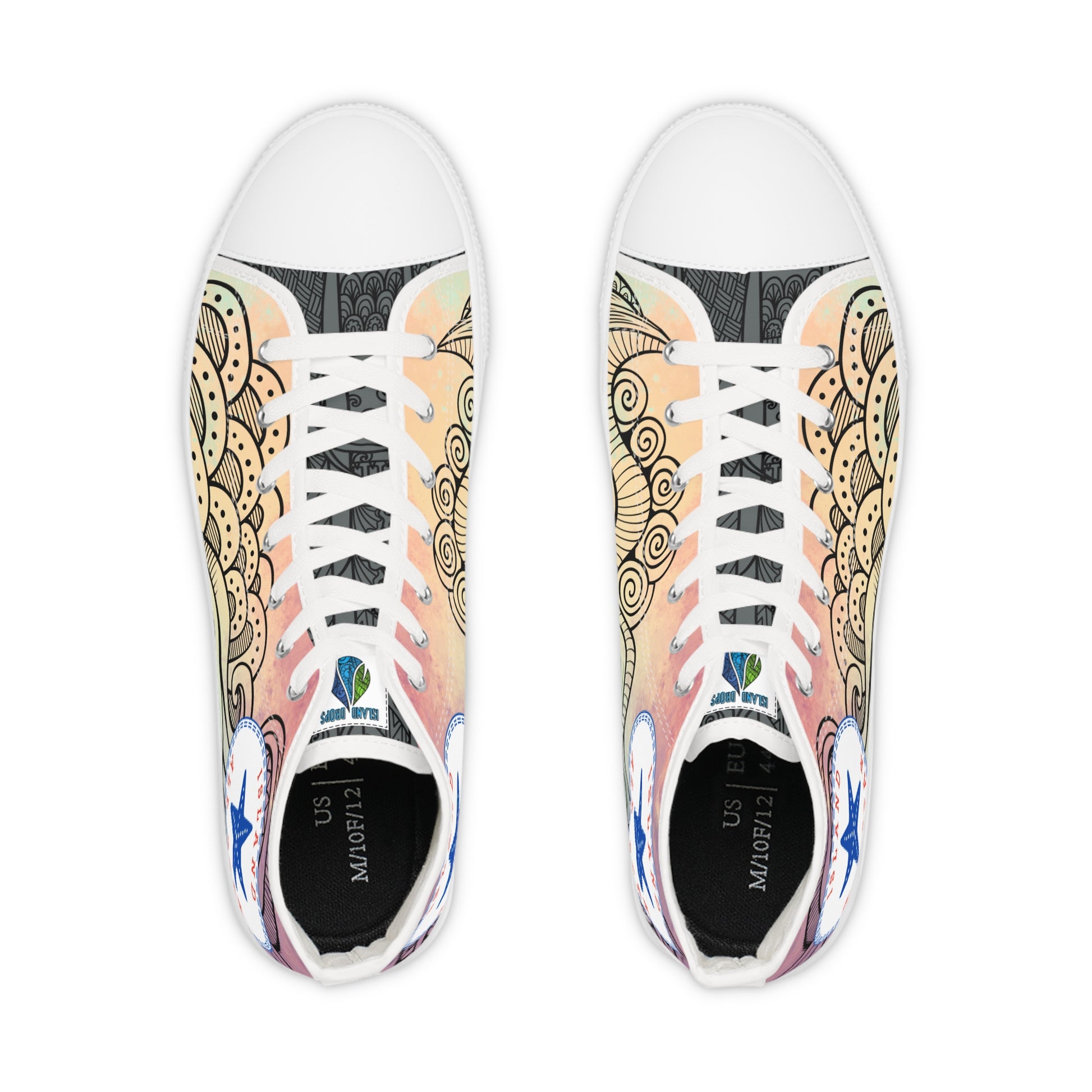 Red, orange, yellow colorful high-top sneakers with tribal tattoo graphic design, white soles - Island Drops shoes collection | Unisex High top shoes