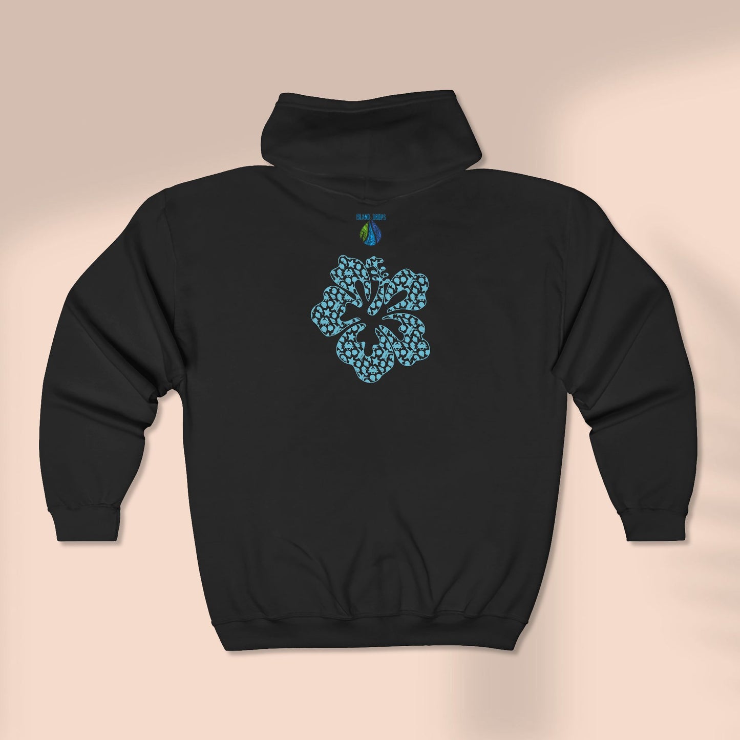 Back of full zip hoodie with a stylized hibiscus graphic design - Island Drops hoodie collection | Unisex zipper hoodie
