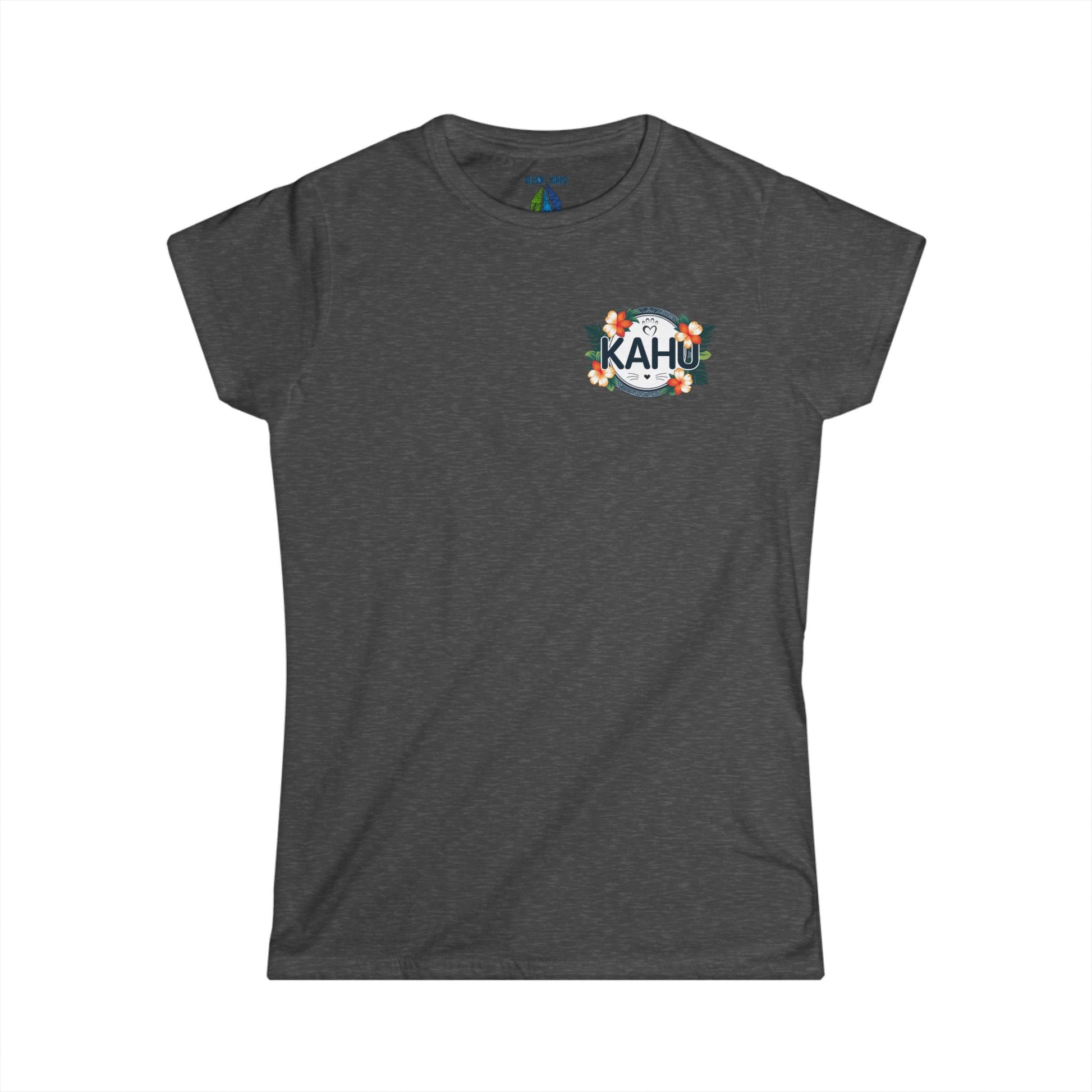 Gray women's t-shirt with a graphic KAHU design with flowers and paw prints  - Island Drops women's t-shirt collection | Women's cut t-shirt