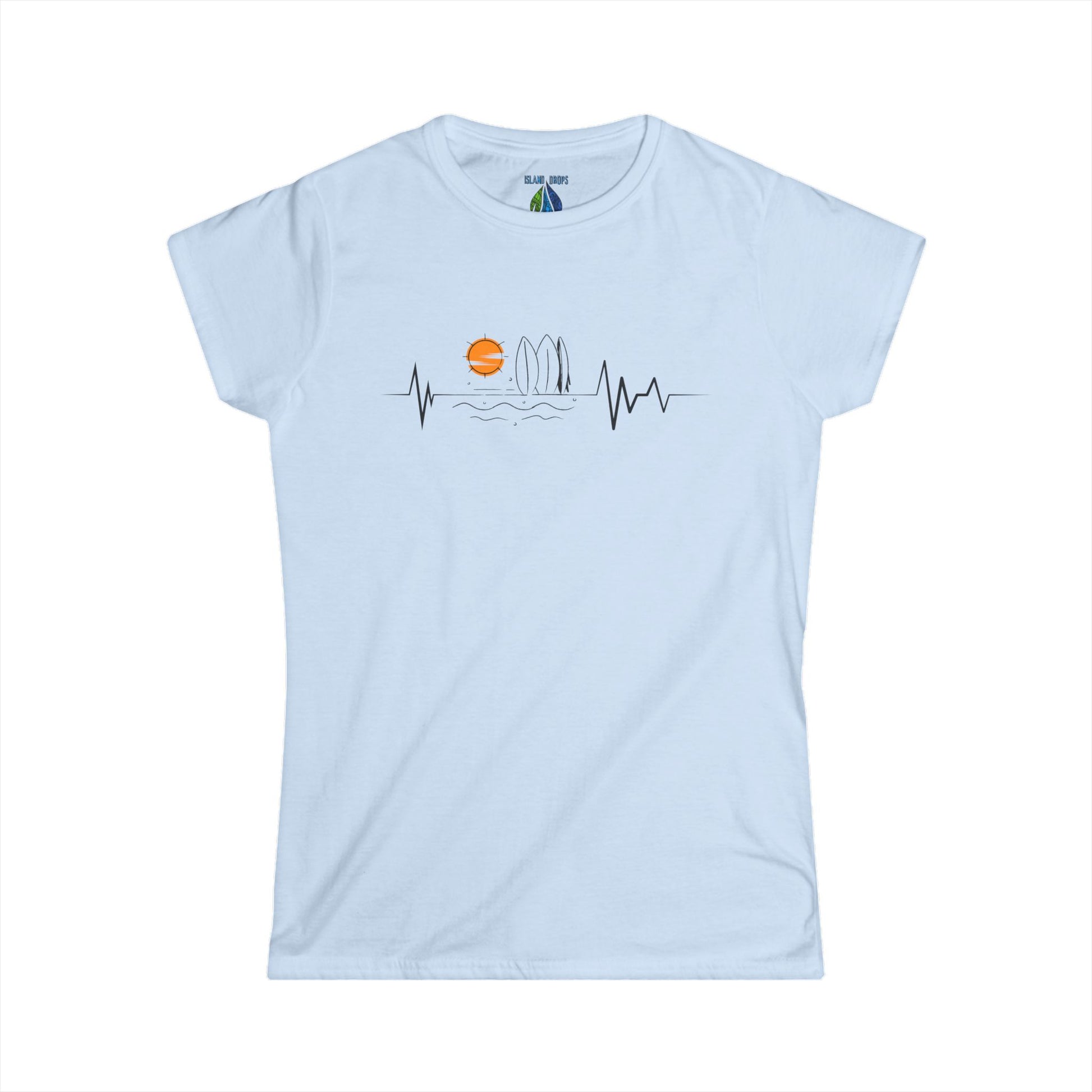 Light blue women's cut t-shirt with sunset heartbeat graphic design - Island Drops Women's collection | Women's cut t-shirt
