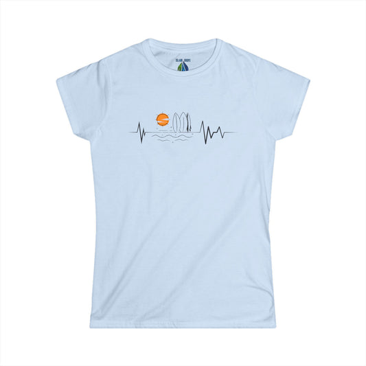 Light blue women's cut t-shirt with sunset heartbeat graphic design - Island Drops Women's collection | Women's cut t-shirt