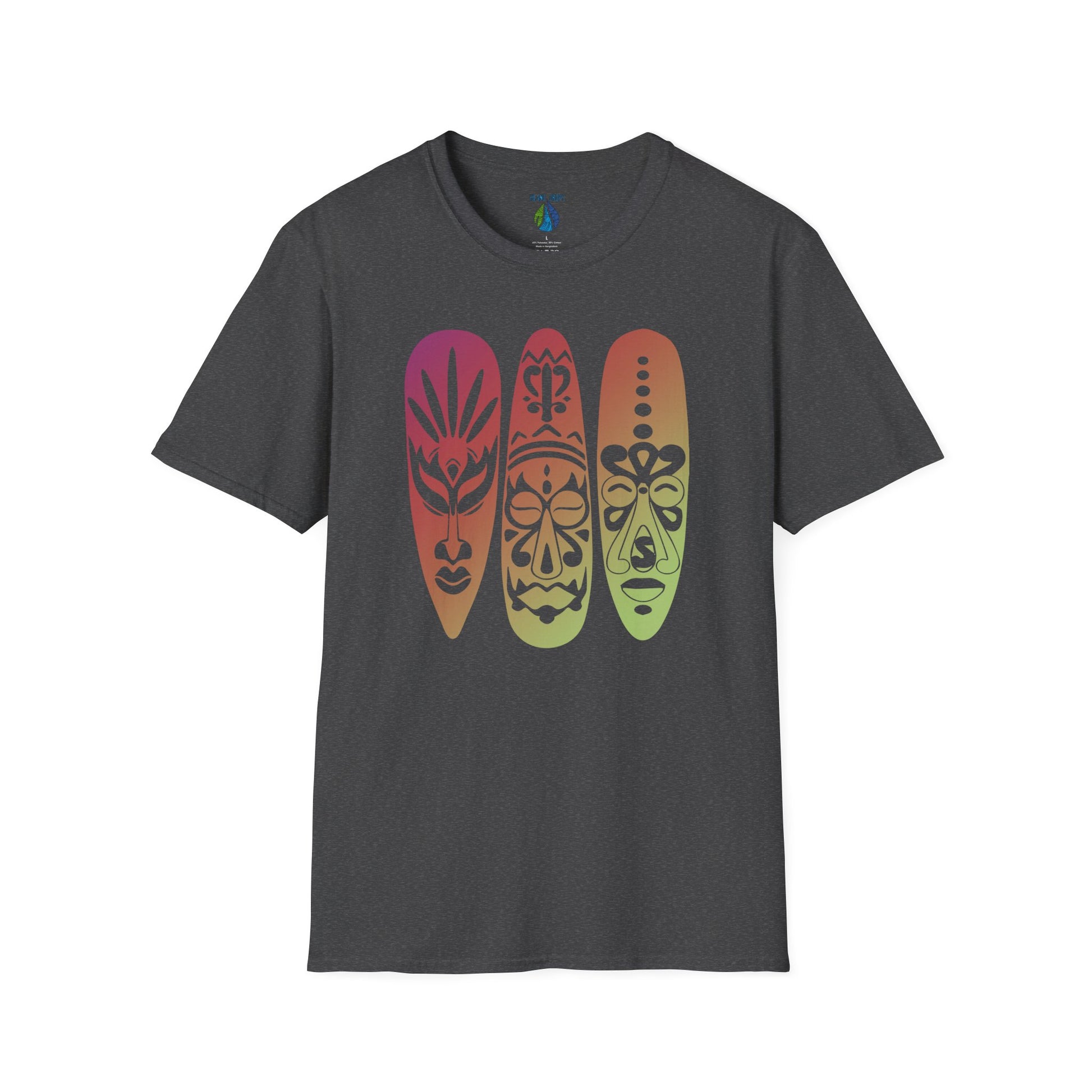 Gray t-shirt  with colorful gradient island masks graphic design - Island Drops t-shirt collection | Unisex t-shirts