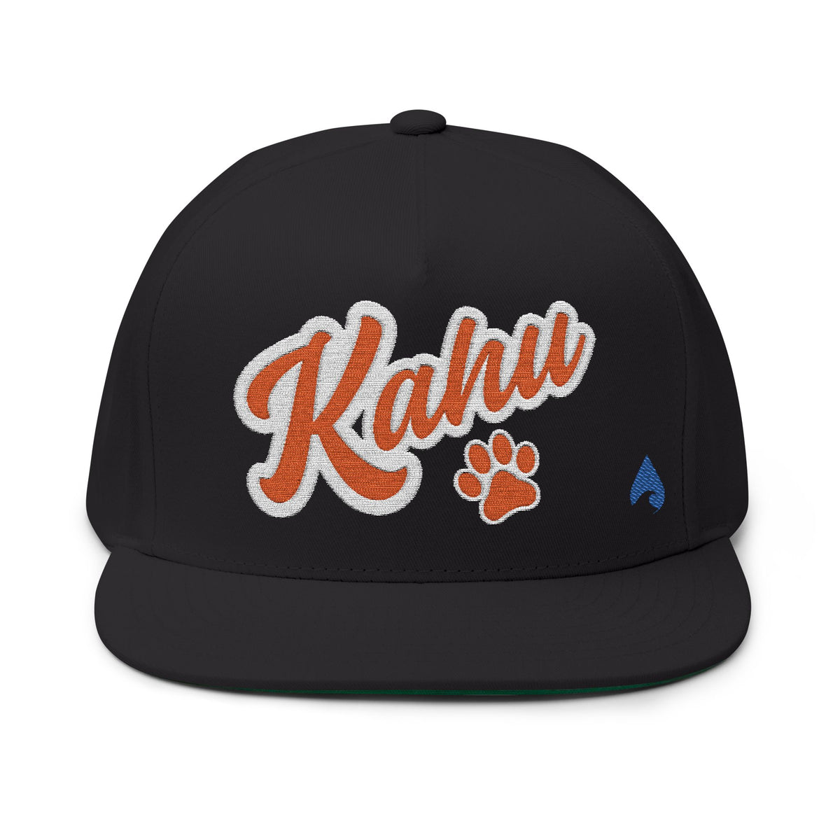 Black flat-bill Kahu snapback cap with orange script and paw-print embroidery