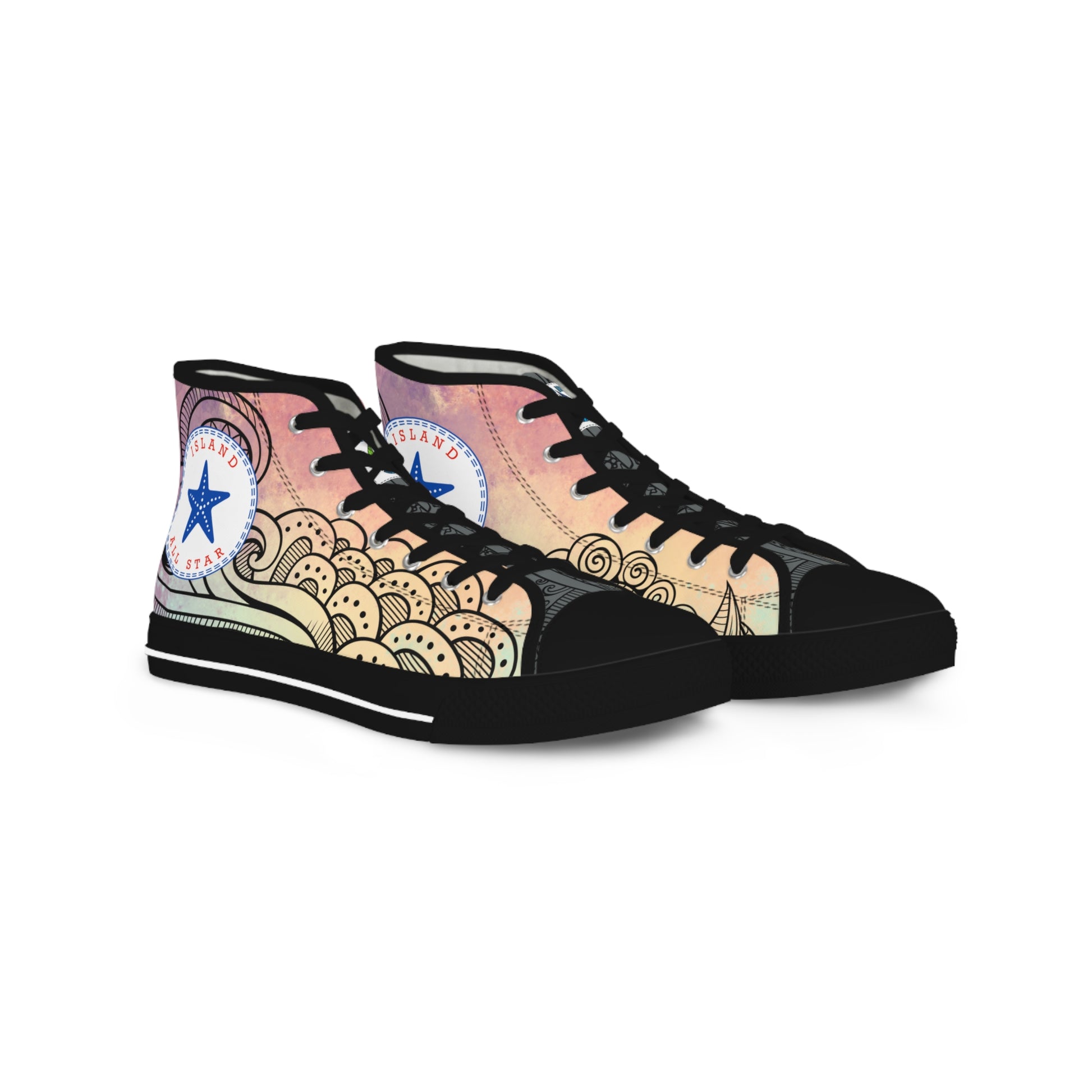 Red, orange, yellow colorful high-top sneakers with tribal tattoo graphic design, black soles - Island Drops shoes collection | Unisex High top shoes