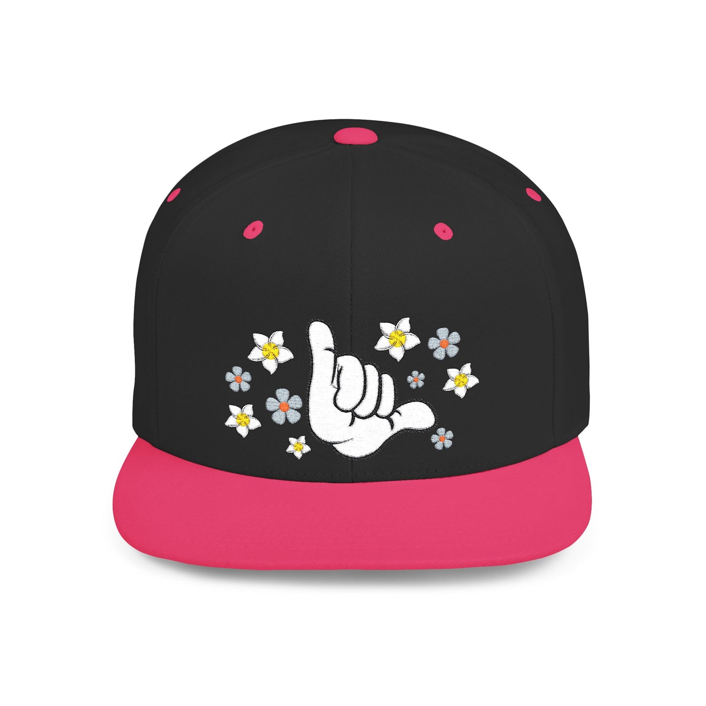 Black and pink cap with hang loose floral graphic design - Island Drops hat collection | Unisex snapback cap