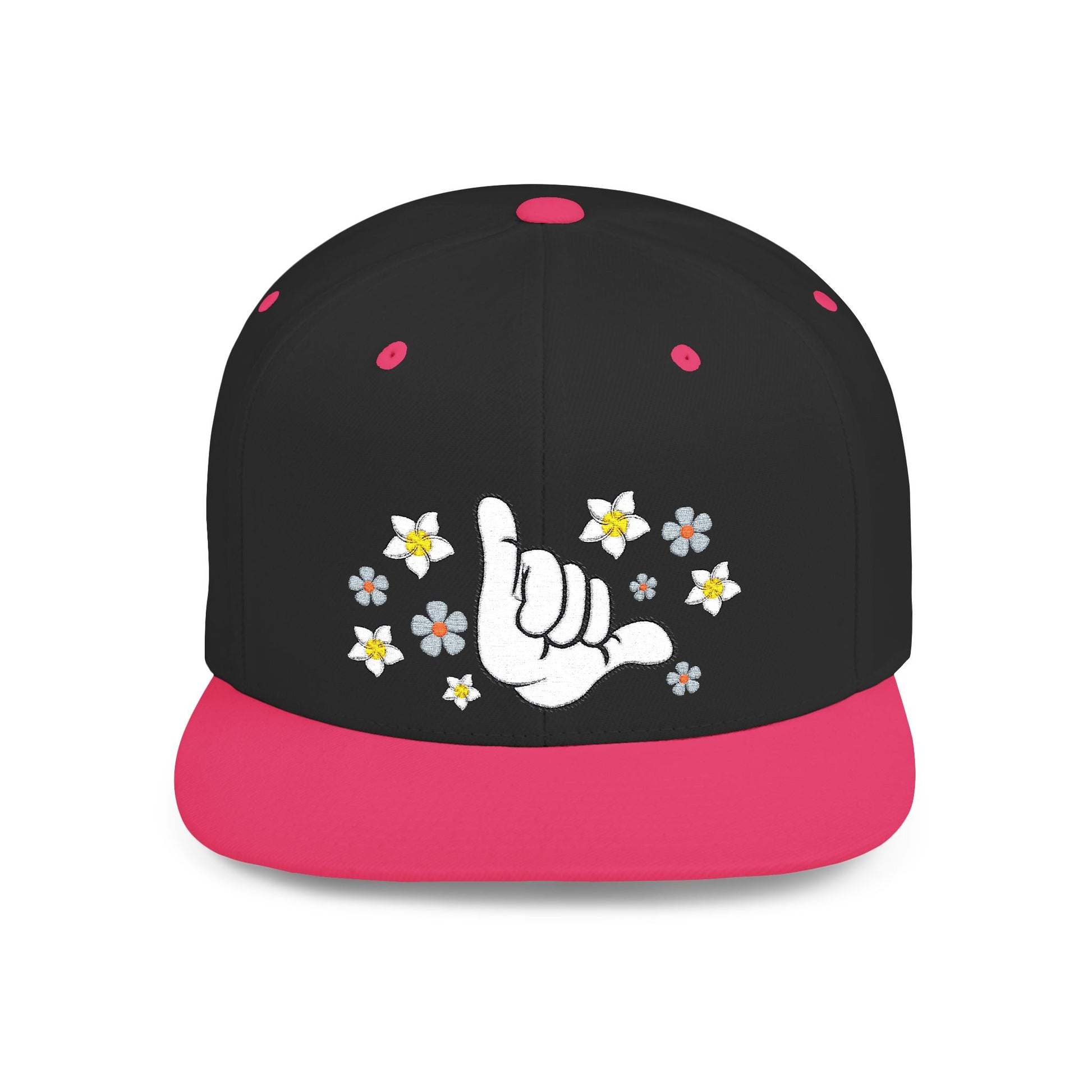 Black and pink cap with hang loose floral graphic design - Island Drops hat collection | Unisex snapback cap